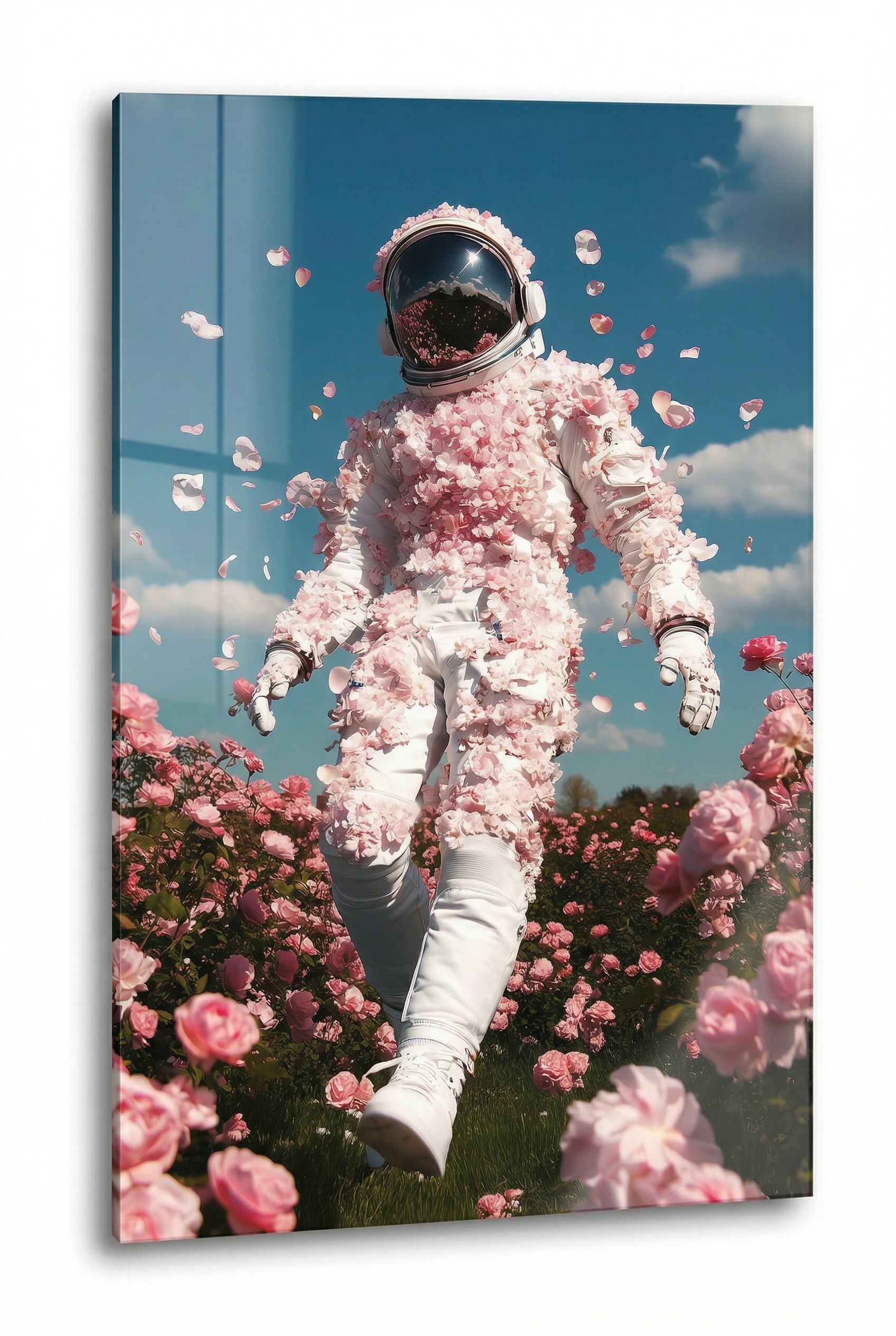Kosmische Blüten – Kunstdruck mit Astronaut & Blumen Traumwelt | Dein Wandbild