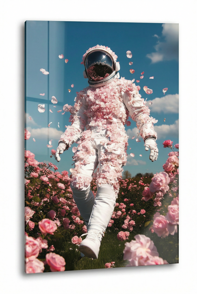 Astronaut im Rosenfeld – Rosa Blüten & blauer Himmel