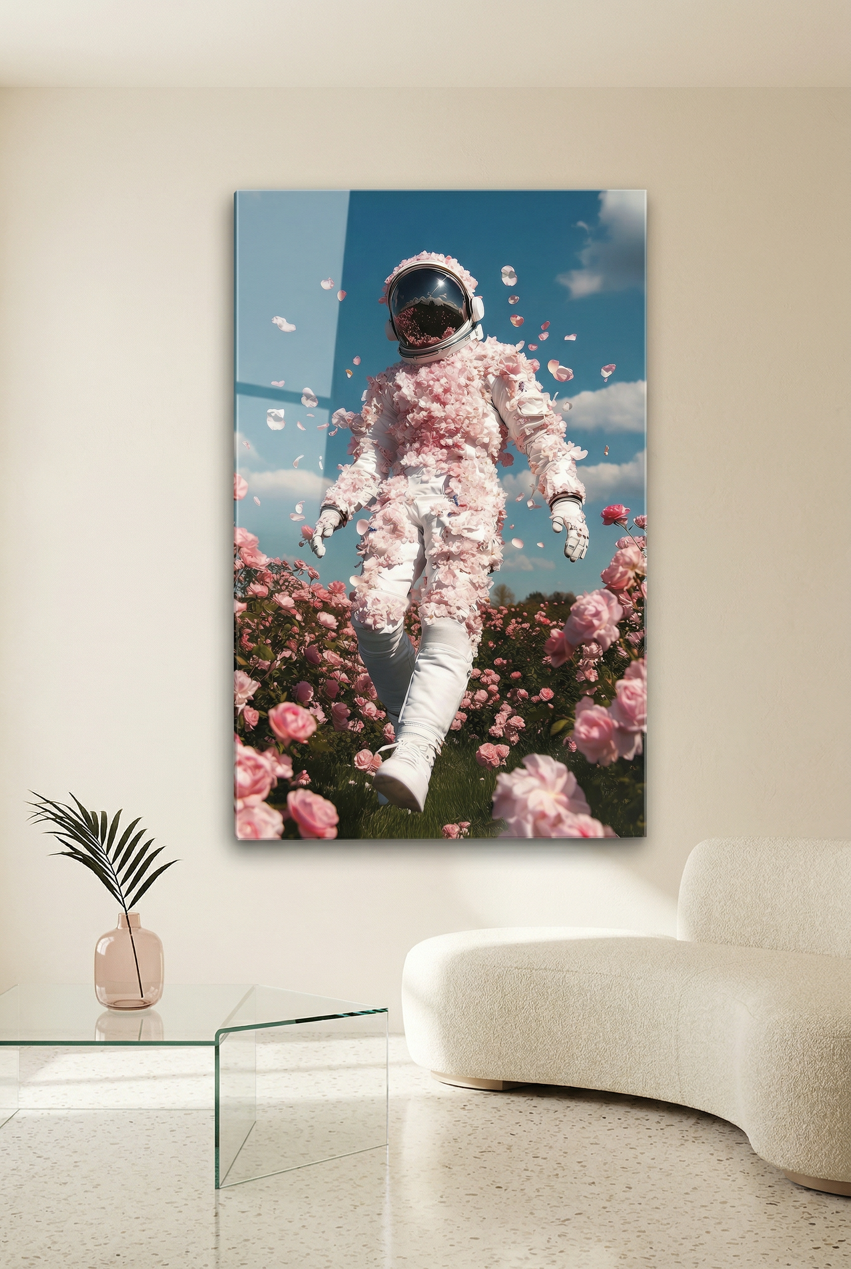 Astronaut im Rosenfeld – Rosa Blüten & blauer Himmel