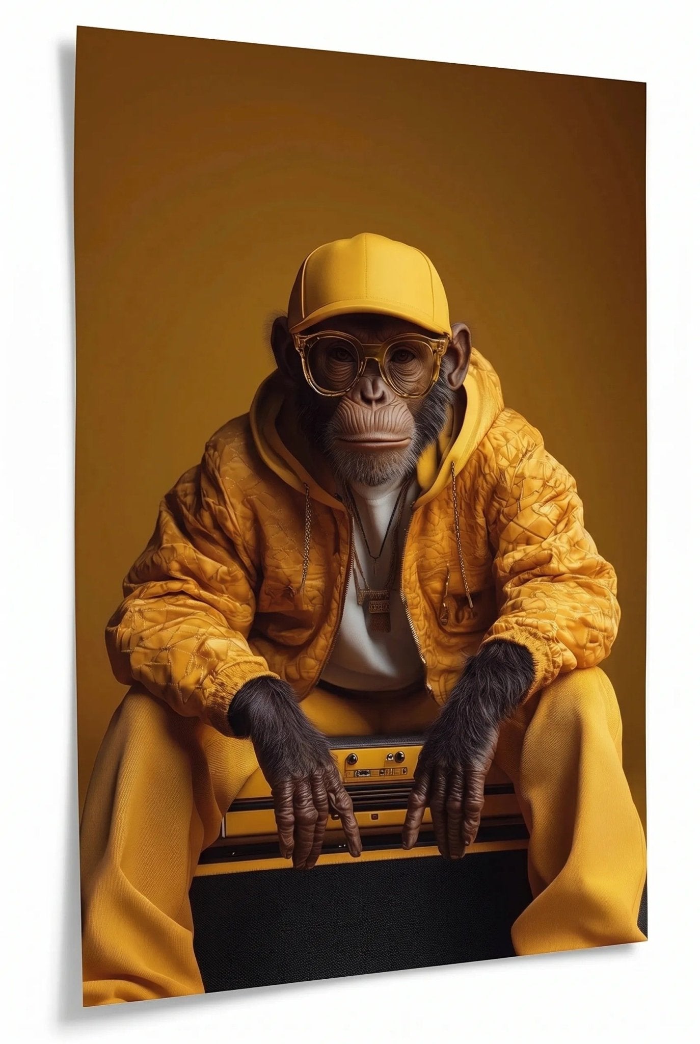 Affe in gelber Jacke mit Brille – Streetwear - Dein Wandbild