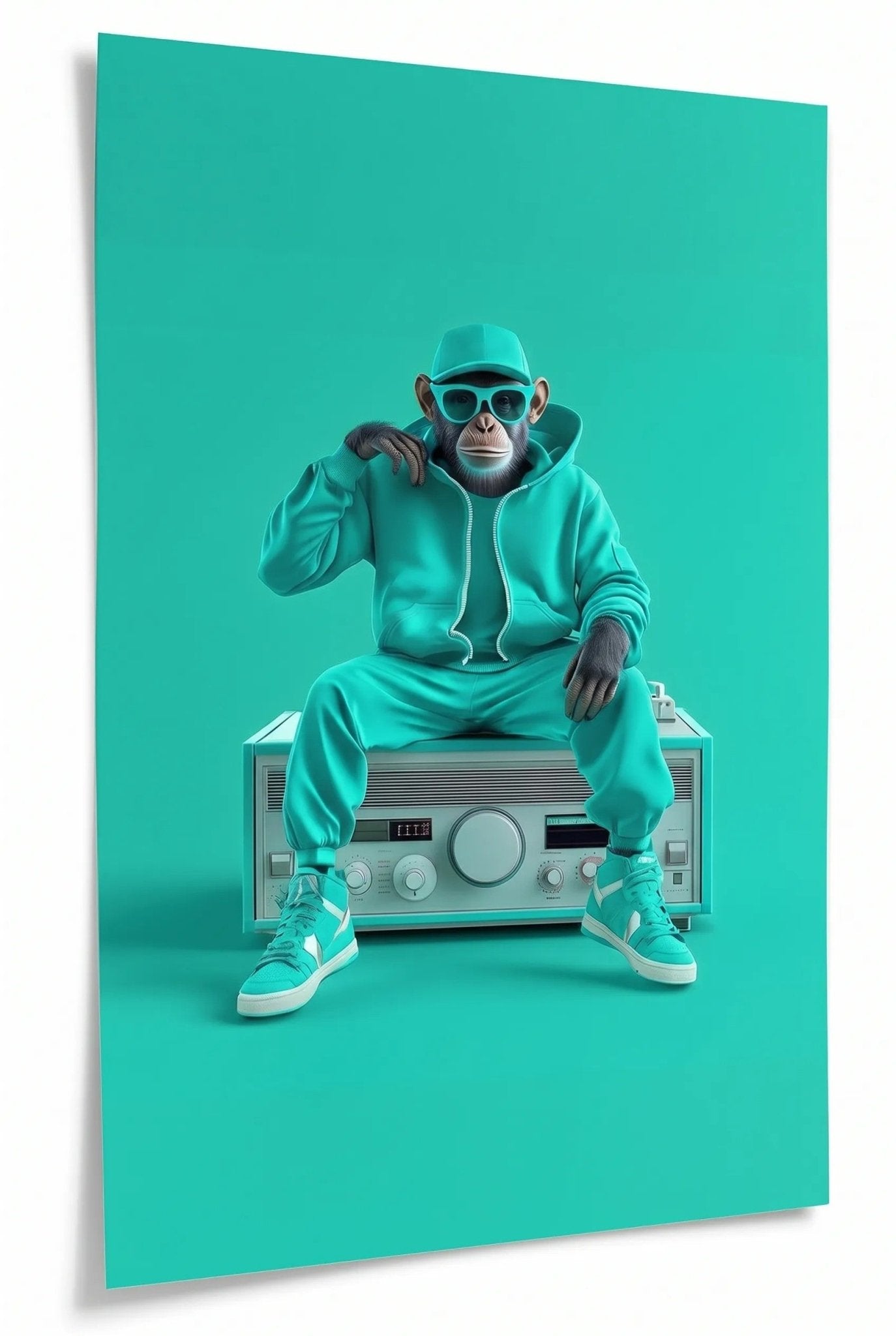 Affe in Mintgrün auf Retro-Radio – Streetstyle - Dein Wandbild