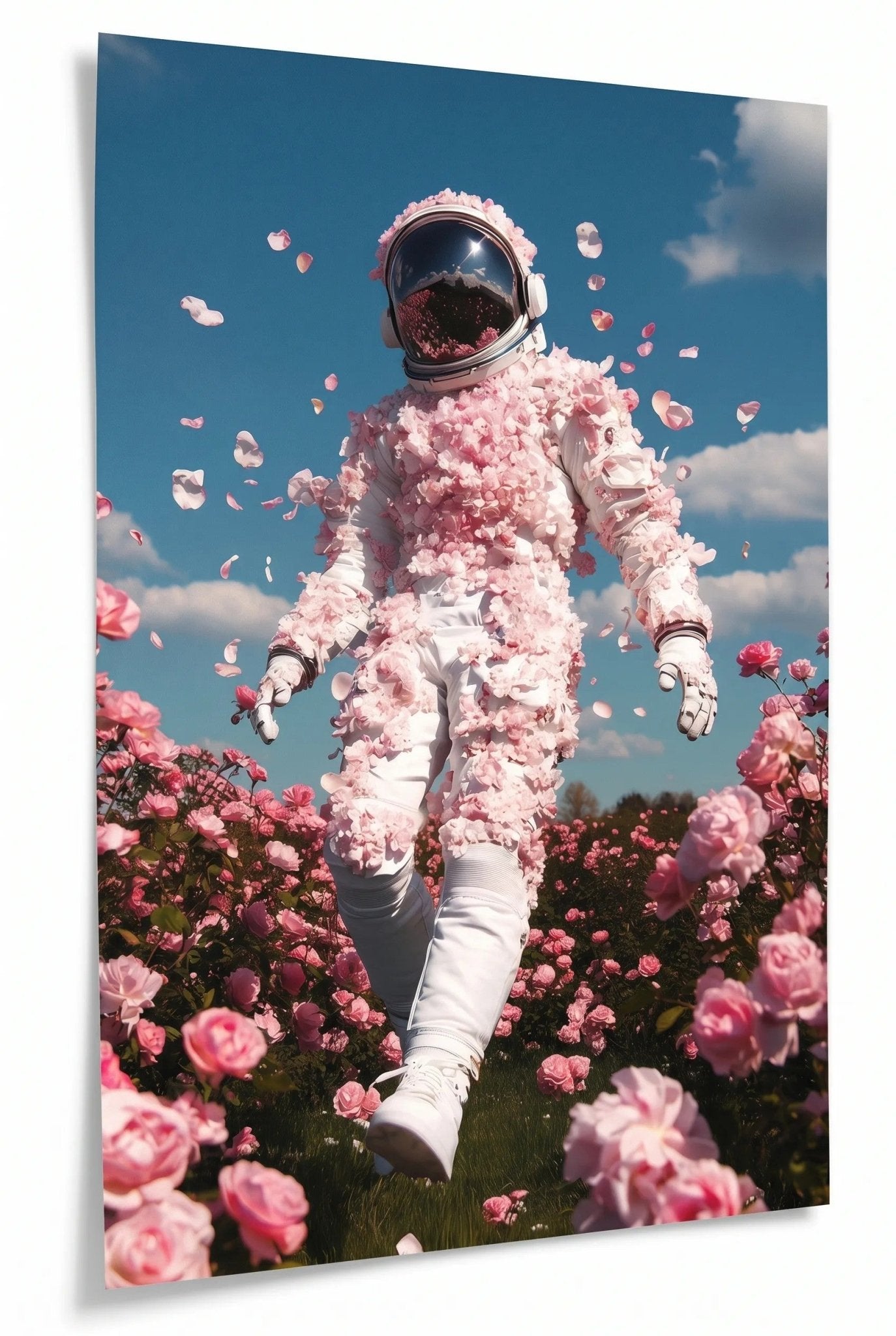 Astronaut im Rosenfeld – Rosa Blüten & blauer Himmel - Dein Wandbild