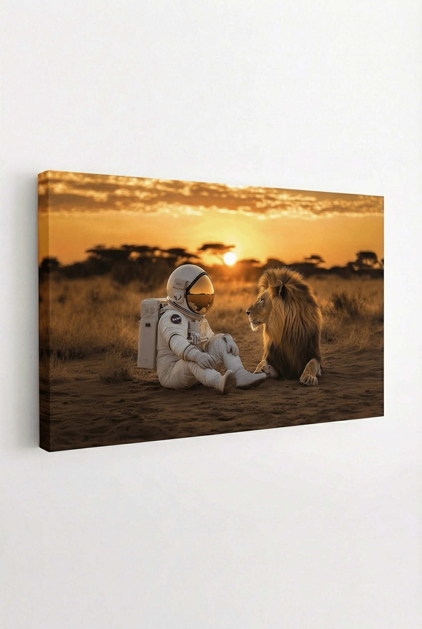 Astronaut & Löwe bei Sonnenuntergang in der Savanne - Dein Wandbild