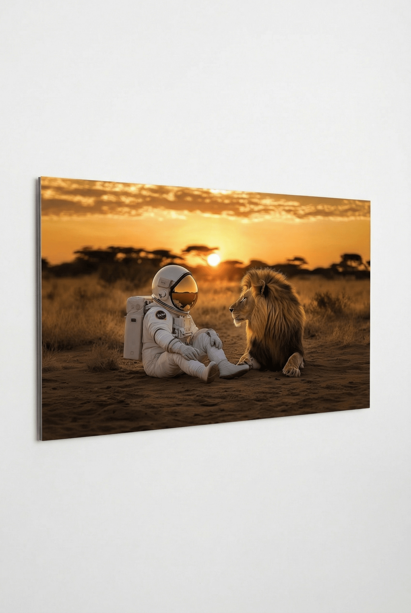 Astronaut & Löwe bei Sonnenuntergang in der Savanne - Dein Wandbild