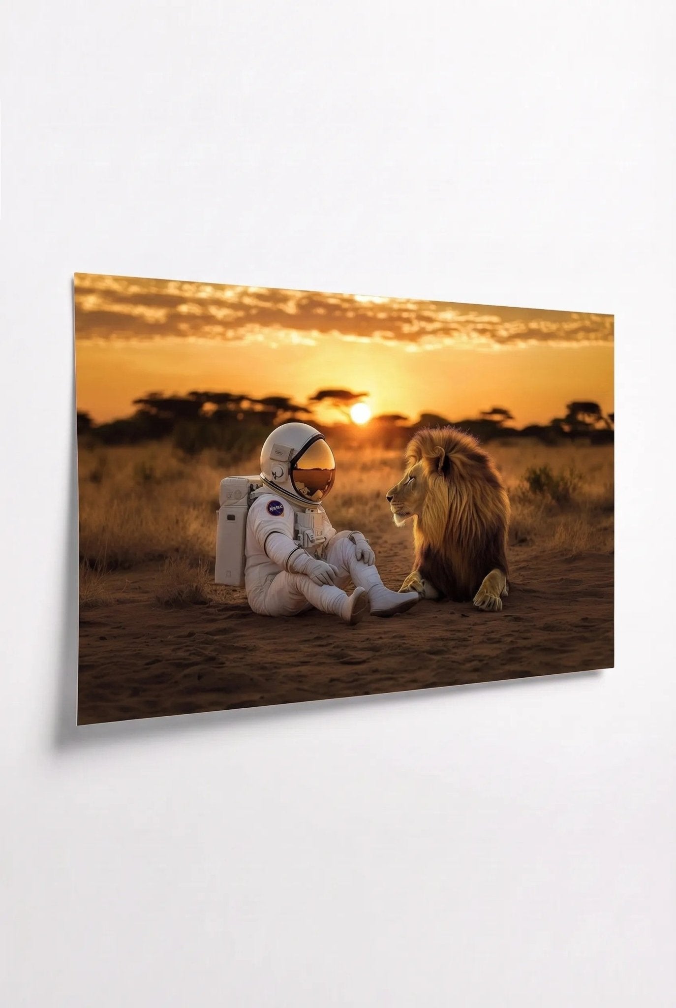 Astronaut & Löwe bei Sonnenuntergang in der Savanne - Dein Wandbild