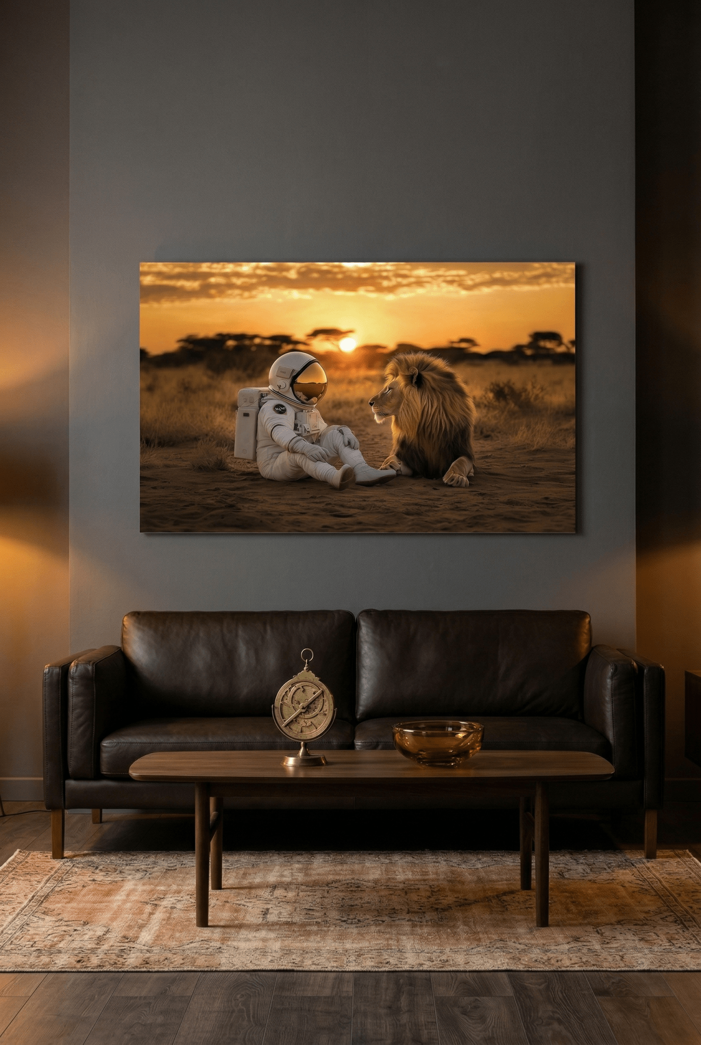 Astronaut & Löwe bei Sonnenuntergang in der Savanne - Dein Wandbild