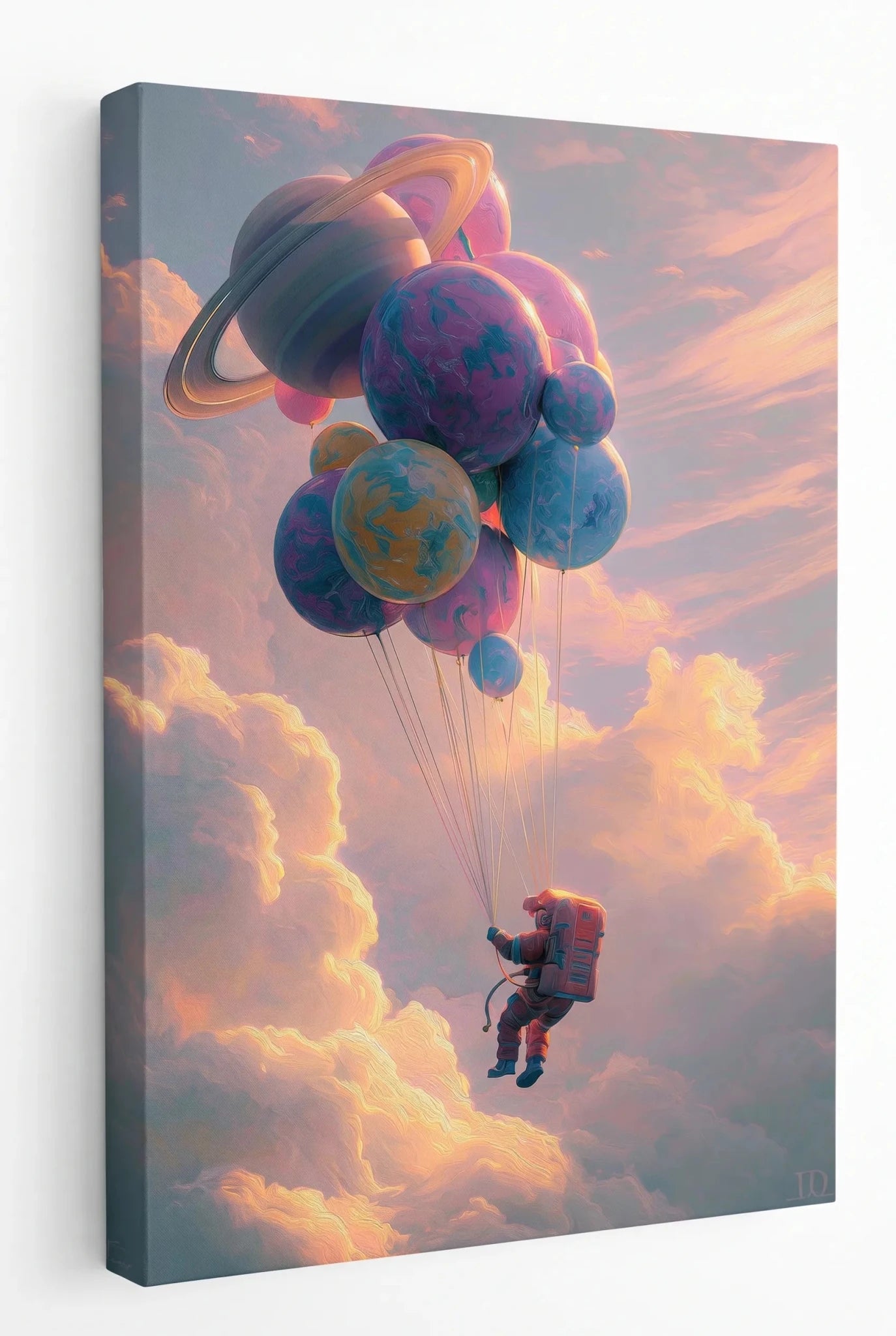 Astronaut mit Planeten Ballons über Wolken Wandbild - Dein Wandbild