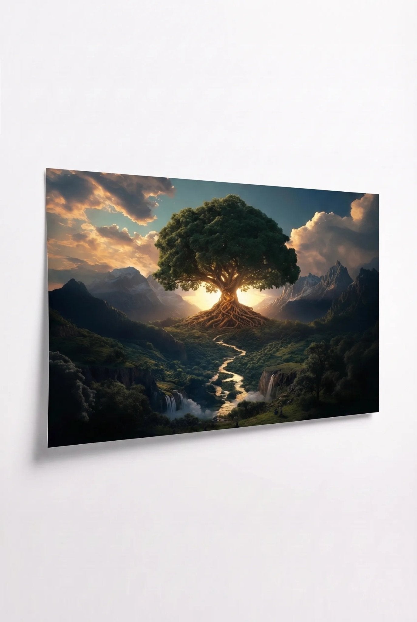 Baum des Lebens bei Sonnenuntergang – Berglandschaft - Dein Wandbild
