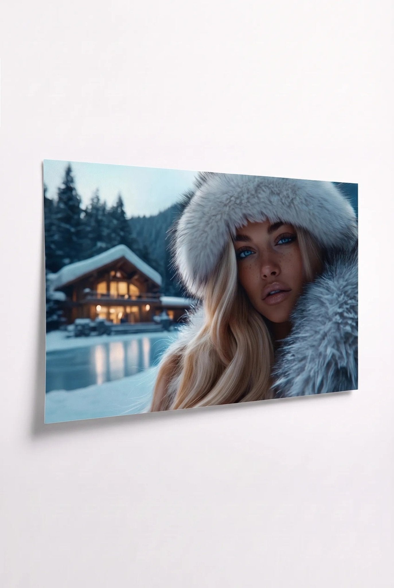 Blonde Frau in Pelzmütze vor Winterhütte - Dein Wandbild