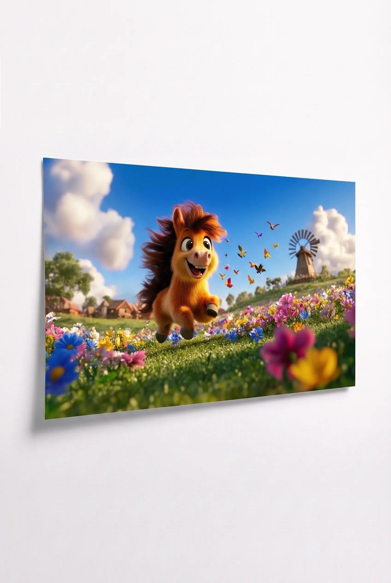 Cartoon-Pony galoppiert über Blumenwiese – 3D - Dein Wandbild
