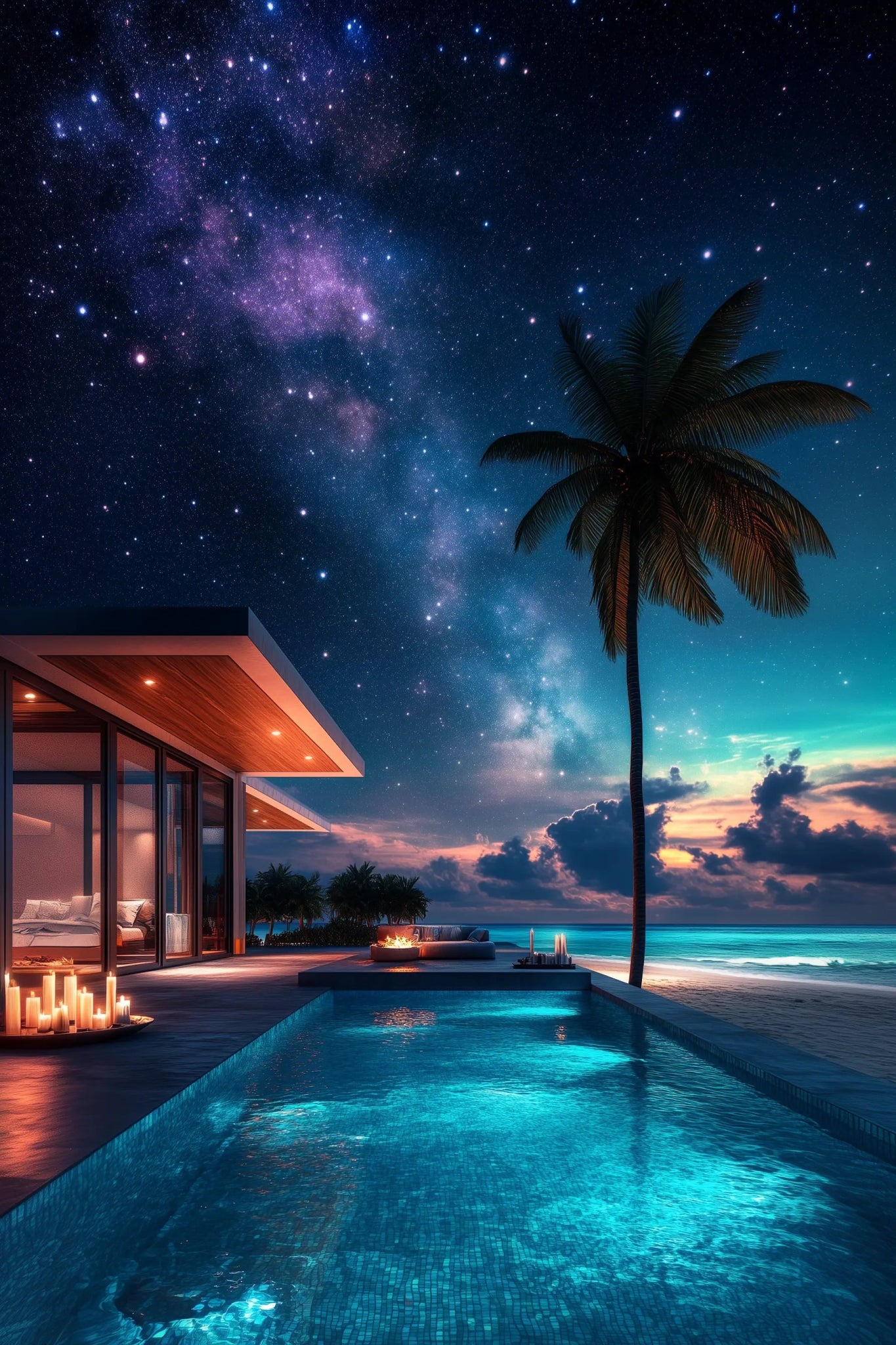 Celestial Escape – Luxusbild mit Galaxie über moderner Villa | Dein Wandbild - Dein Wandbild