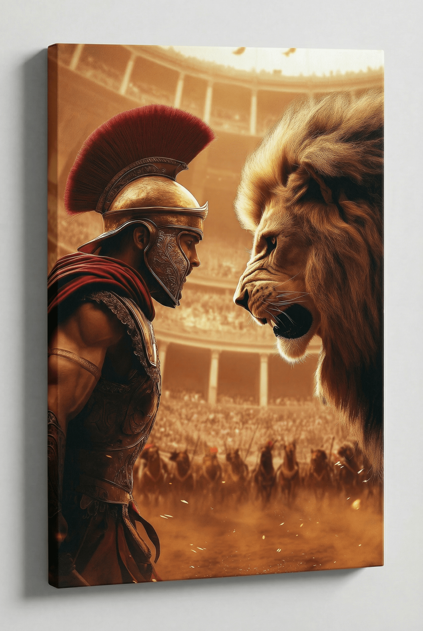 Der epische Showdown – Gladiator gegen Löwe in der Arena | Hochwertiges Wandbild für stilvolle Wohnzimmer - Dein Wandbild