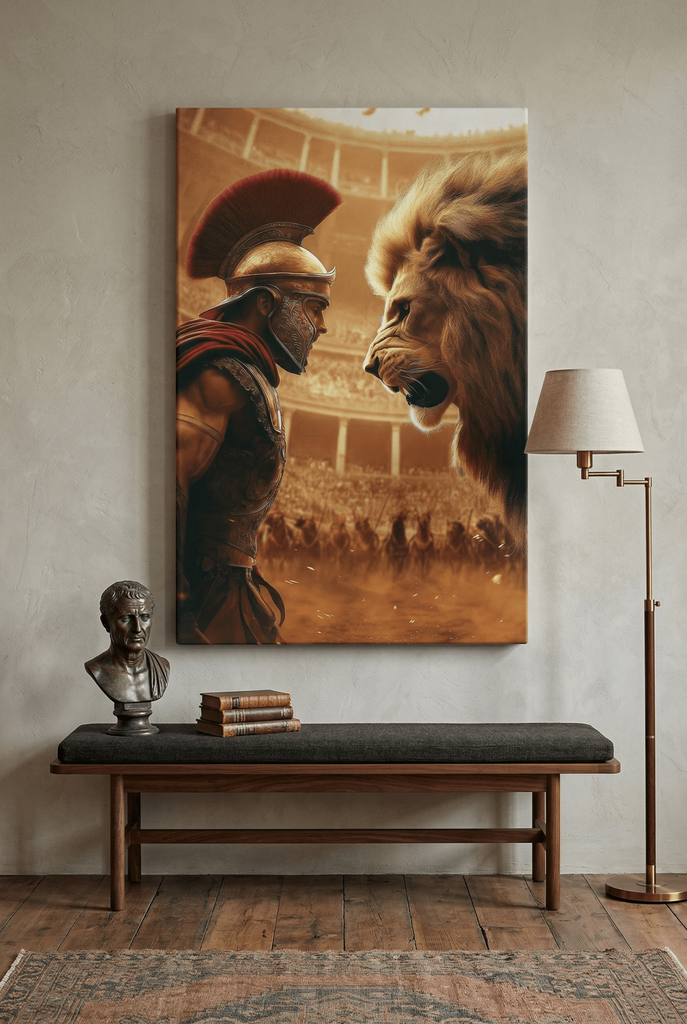 Der epische Showdown – Gladiator gegen Löwe in der Arena | Hochwertiges Wandbild für stilvolle Wohnzimmer - Dein Wandbild