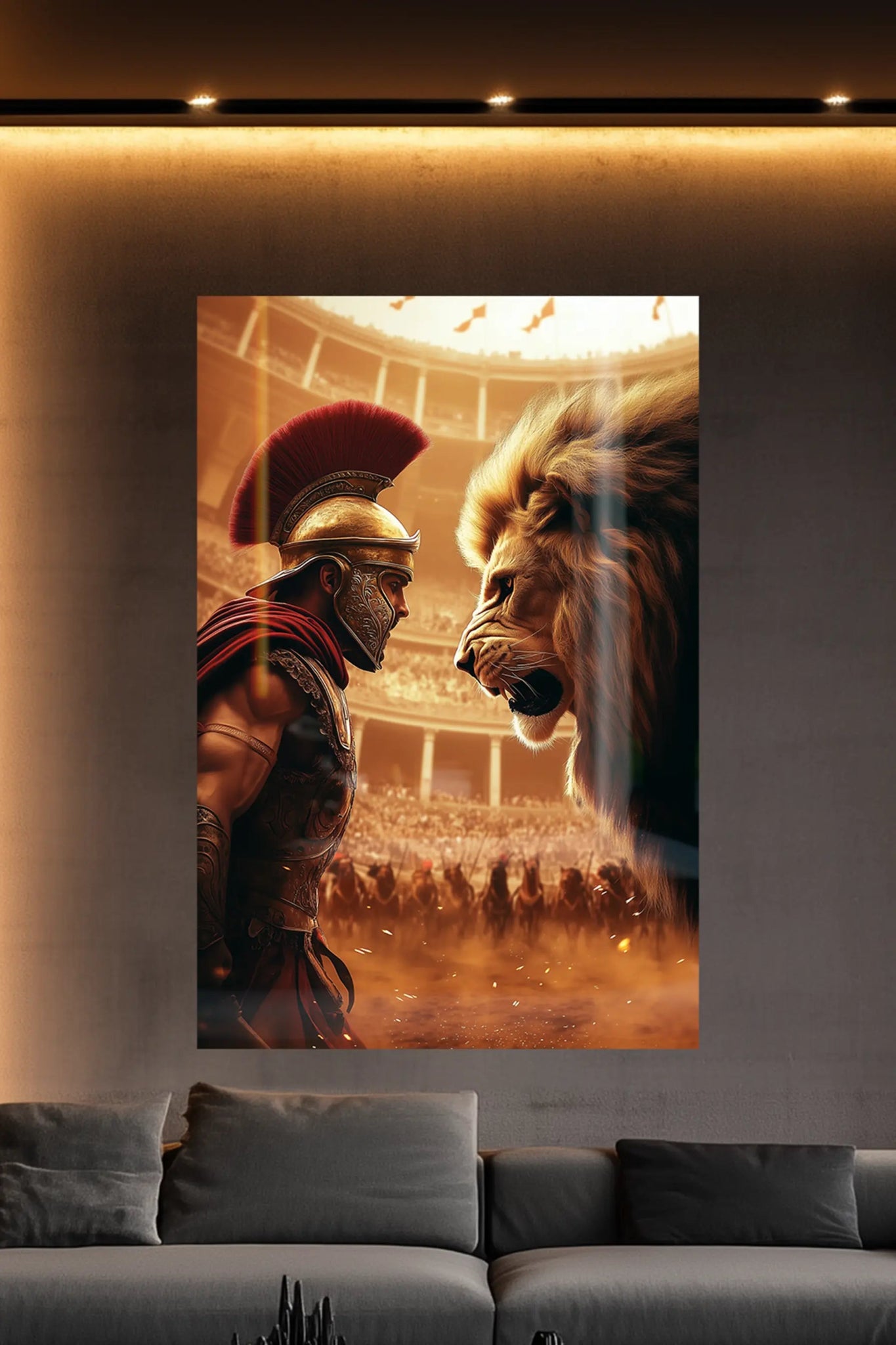 Der epische Showdown – Gladiator gegen Löwe in der Arena | Hochwertiges Wandbild für stilvolle Wohnzimmer - Dein Wandbild
