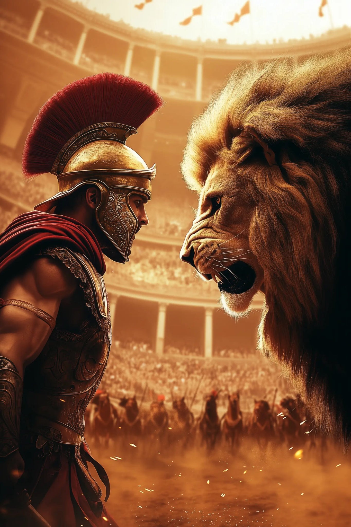 Der epische Showdown – Gladiator gegen Löwe in der Arena | Hochwertiges Wandbild für stilvolle Wohnzimmer - Dein Wandbild