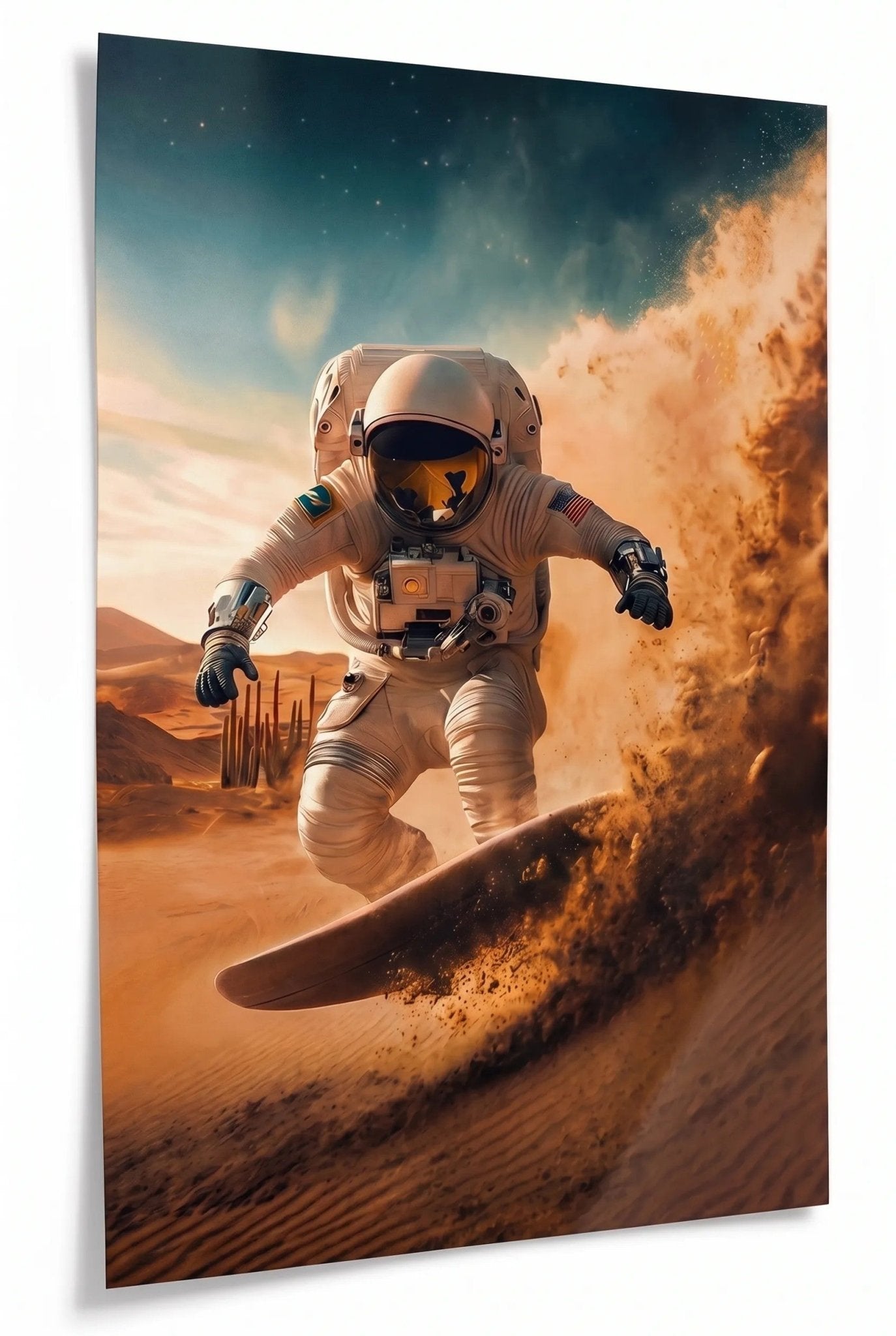 Der intergalaktische Sandboarder – Kunstdruck mit Astronaut & Dünen-Action | Dein Wandbild - Dein Wandbild