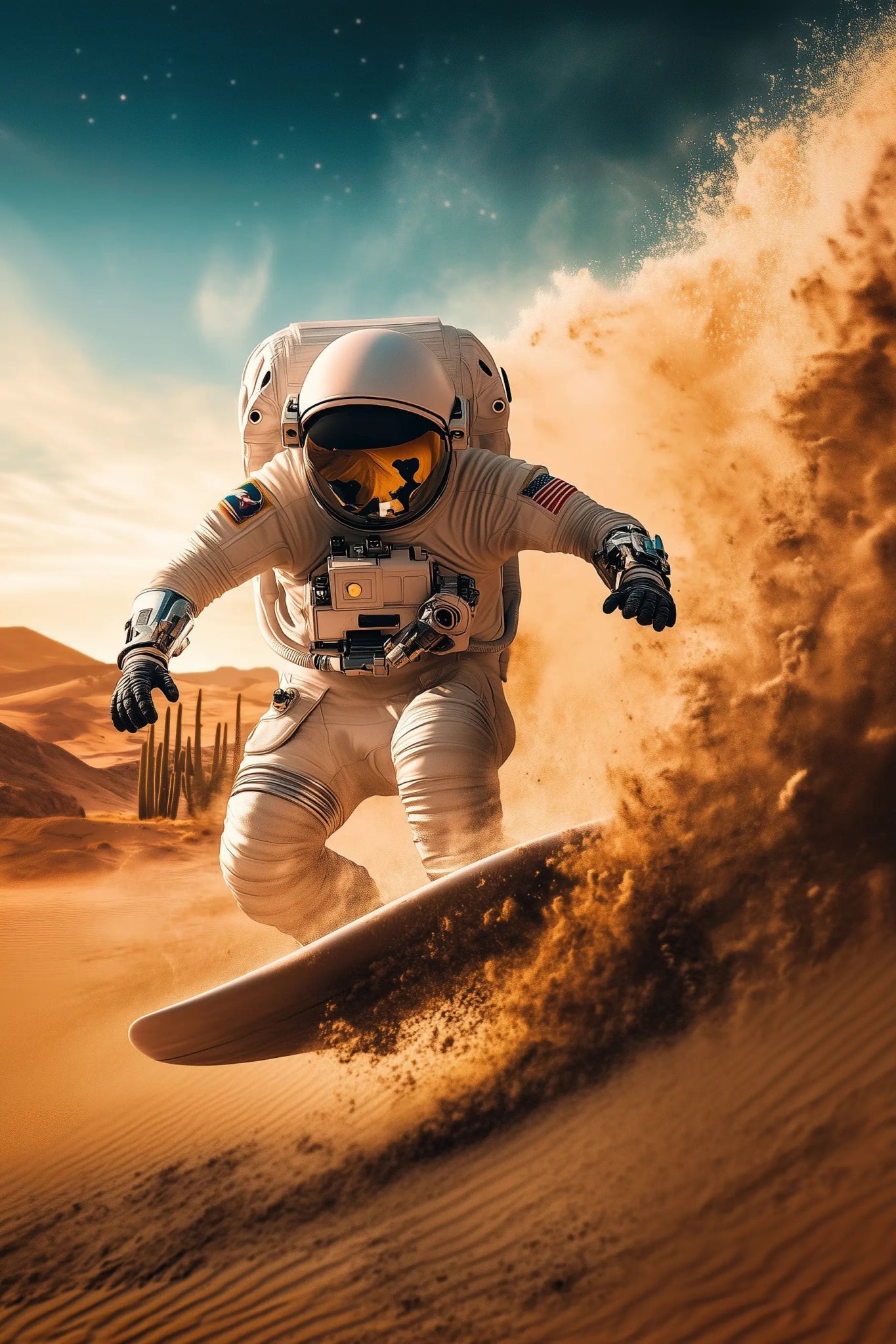 Der intergalaktische Sandboarder – Kunstdruck mit Astronaut & Dünen - Action | Dein Wandbild - Dein Wandbild