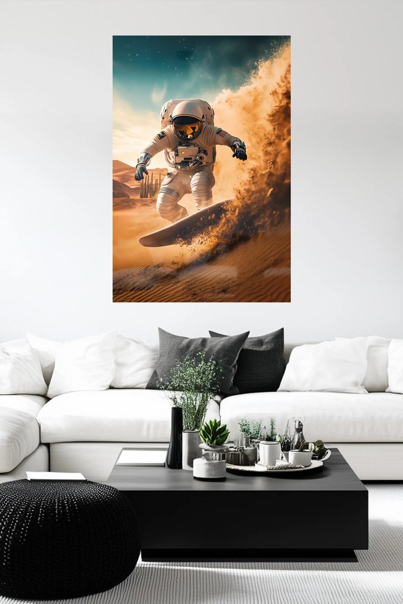 Der intergalaktische Sandboarder – Kunstdruck mit Astronaut & Dünen - Action | Dein Wandbild - Dein Wandbild