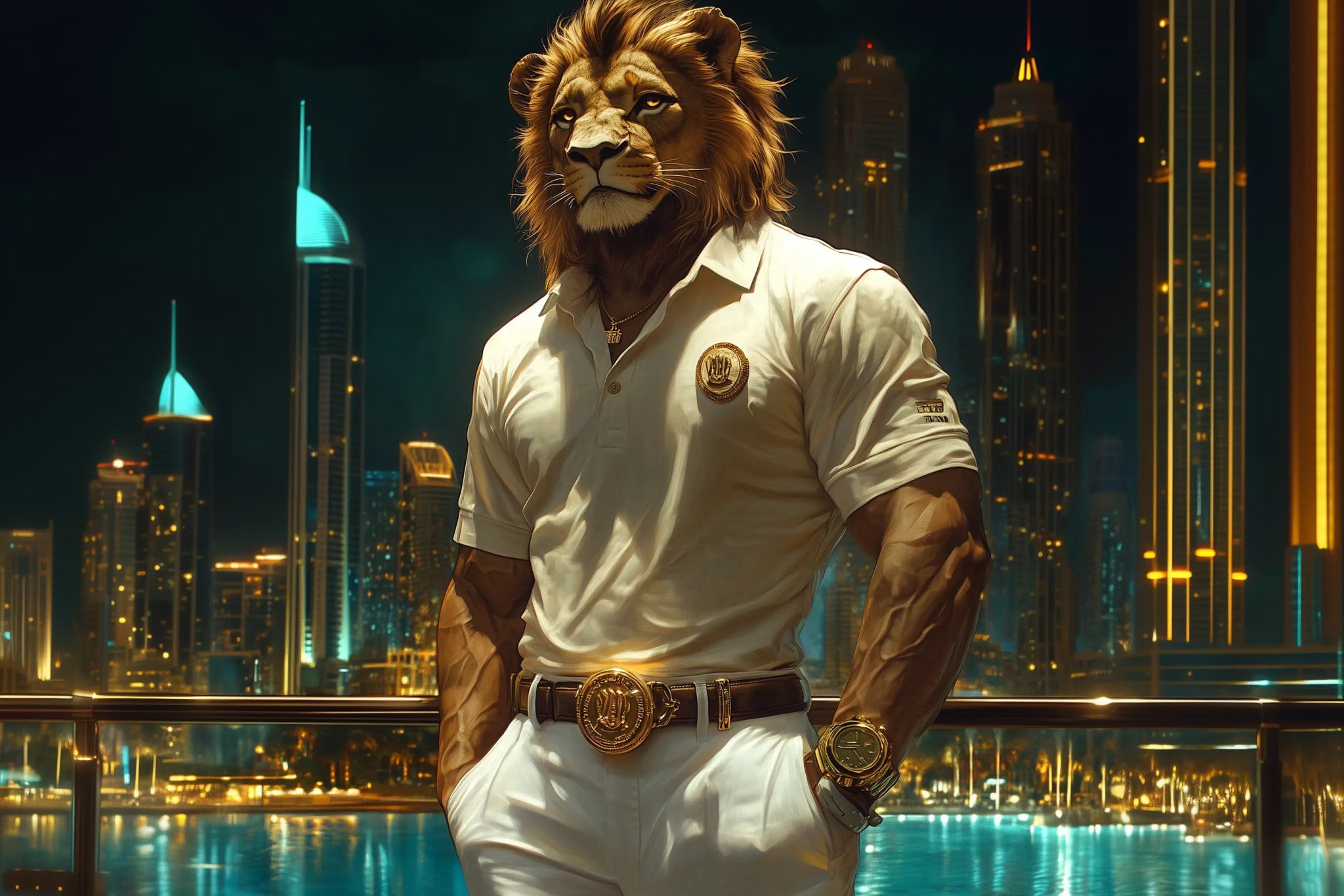 Der Löwe der Skyline – Stärke, Prestige und makelloser Stil – Premium Wandbild - Dein Wandbild