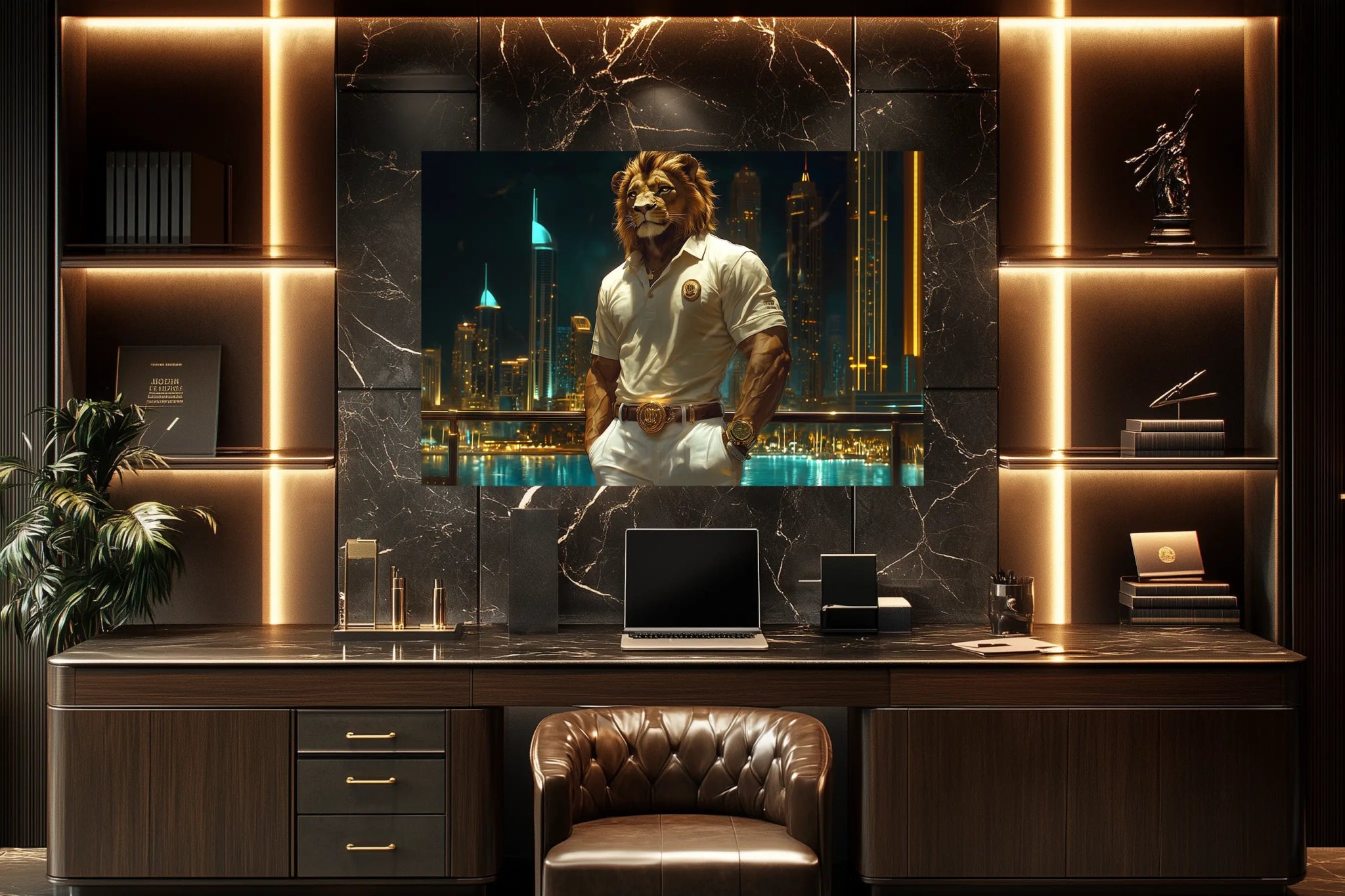 Der Löwe der Skyline – Stärke, Prestige und makelloser Stil – Premium Wandbild - Dein Wandbild