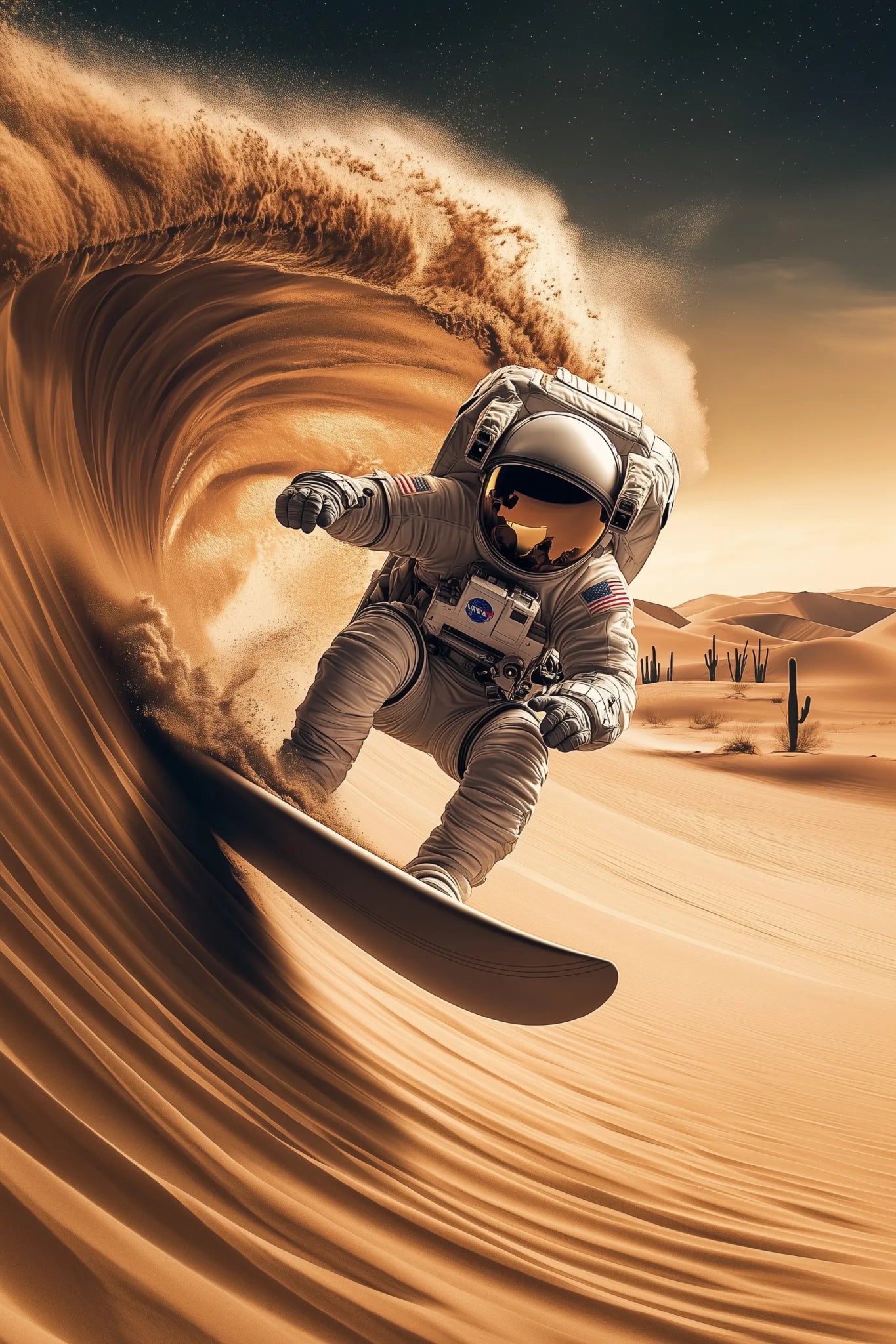 Der Sandwellen - Surfer – Kunstdruck mit Astronaut auf Wüstendüne | Dein Wandbild - Dein Wandbild