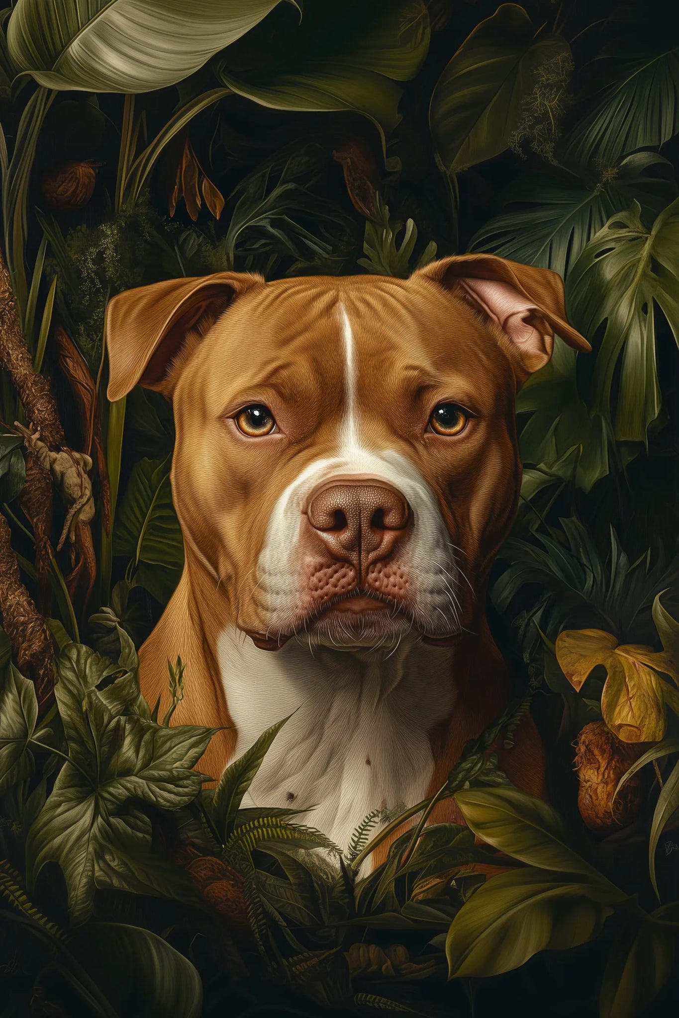 Die Seele des Dschungels – Pitbull inmitten tropischer Tiefe | Dein Wandbild - Dein Wandbild