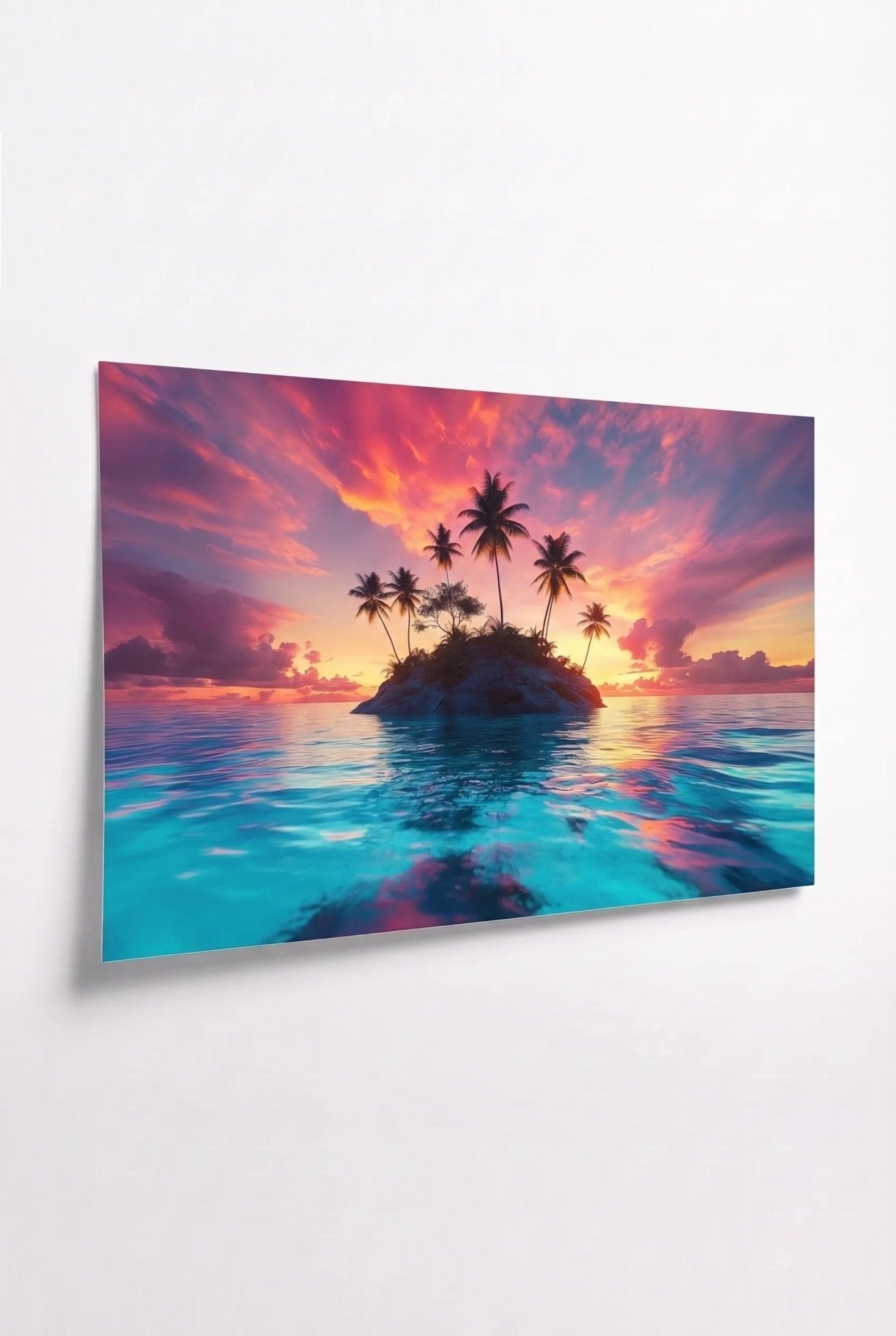 Einsame Palmeninsel bei Sonnenuntergang - Dein Wandbild