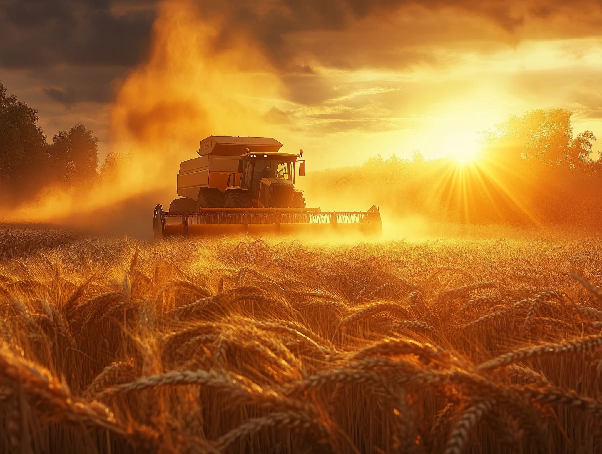 Erntefeuer – Traktor & Agrar - Mähdrescher im Sonnensturm - Dein Wandbild