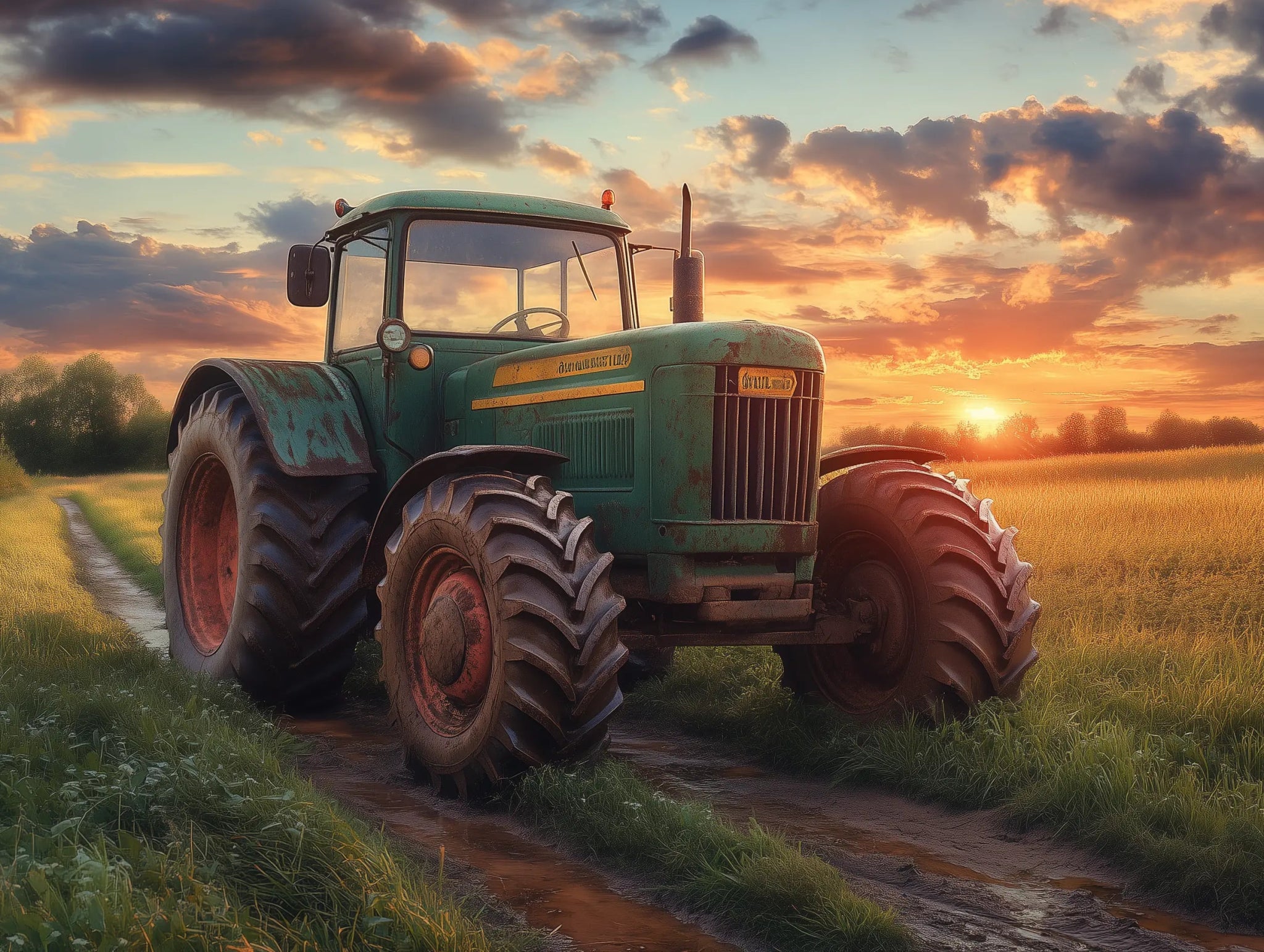 Fendt im Abendlicht – Traktorlegende auf Feldweg - Dein Wandbild