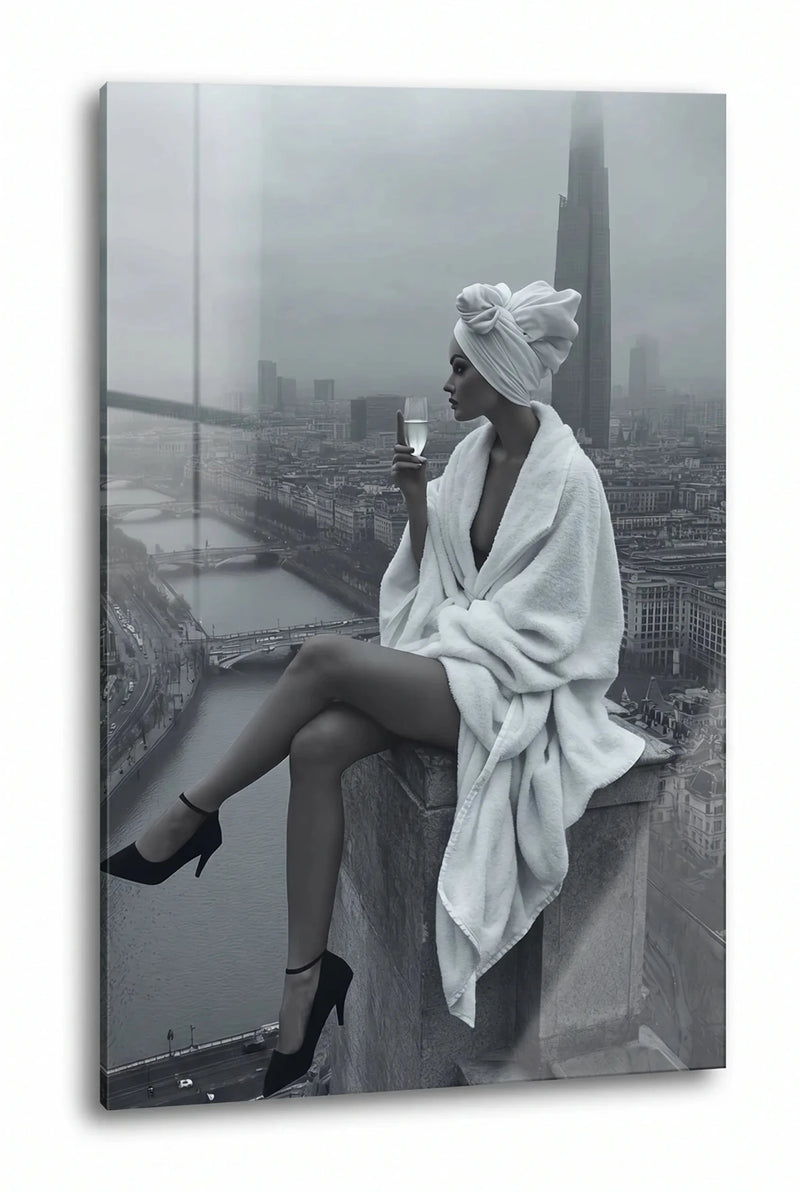 Frau im Bademantel Wolkenkratzer Skyline Wandbild - Dein Wandbild