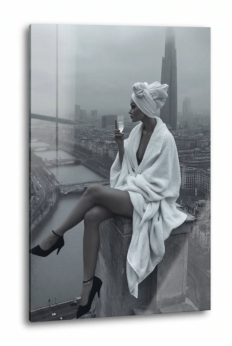Frau im Bademantel Wolkenkratzer Skyline Wandbild - Dein Wandbild
