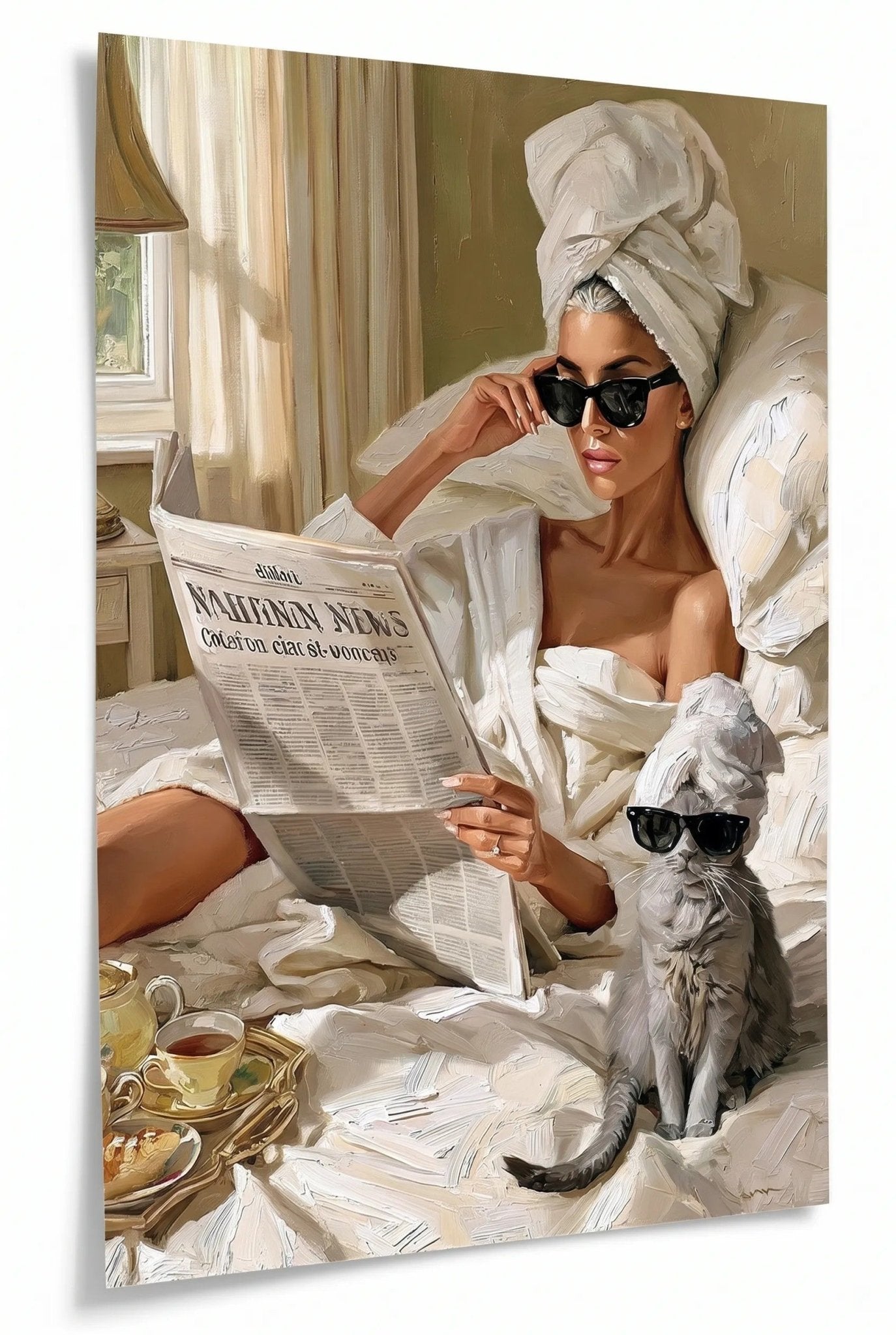 Frau mit Katze Sonnenbrille im Bett Ölgemälde Wandbild - Dein Wandbild