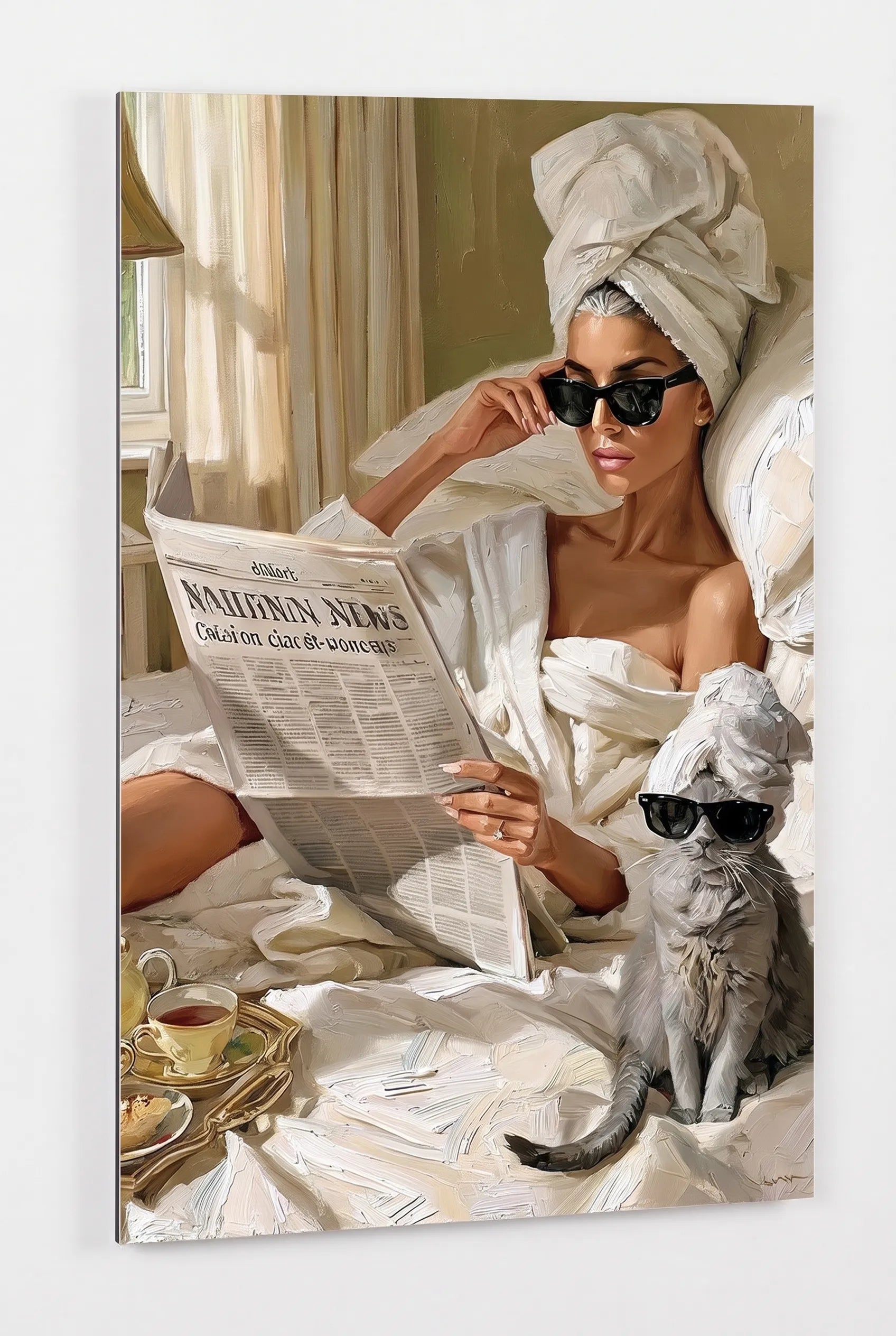 Frau mit Katze Sonnenbrille im Bett Ölgemälde Wandbild - Dein Wandbild