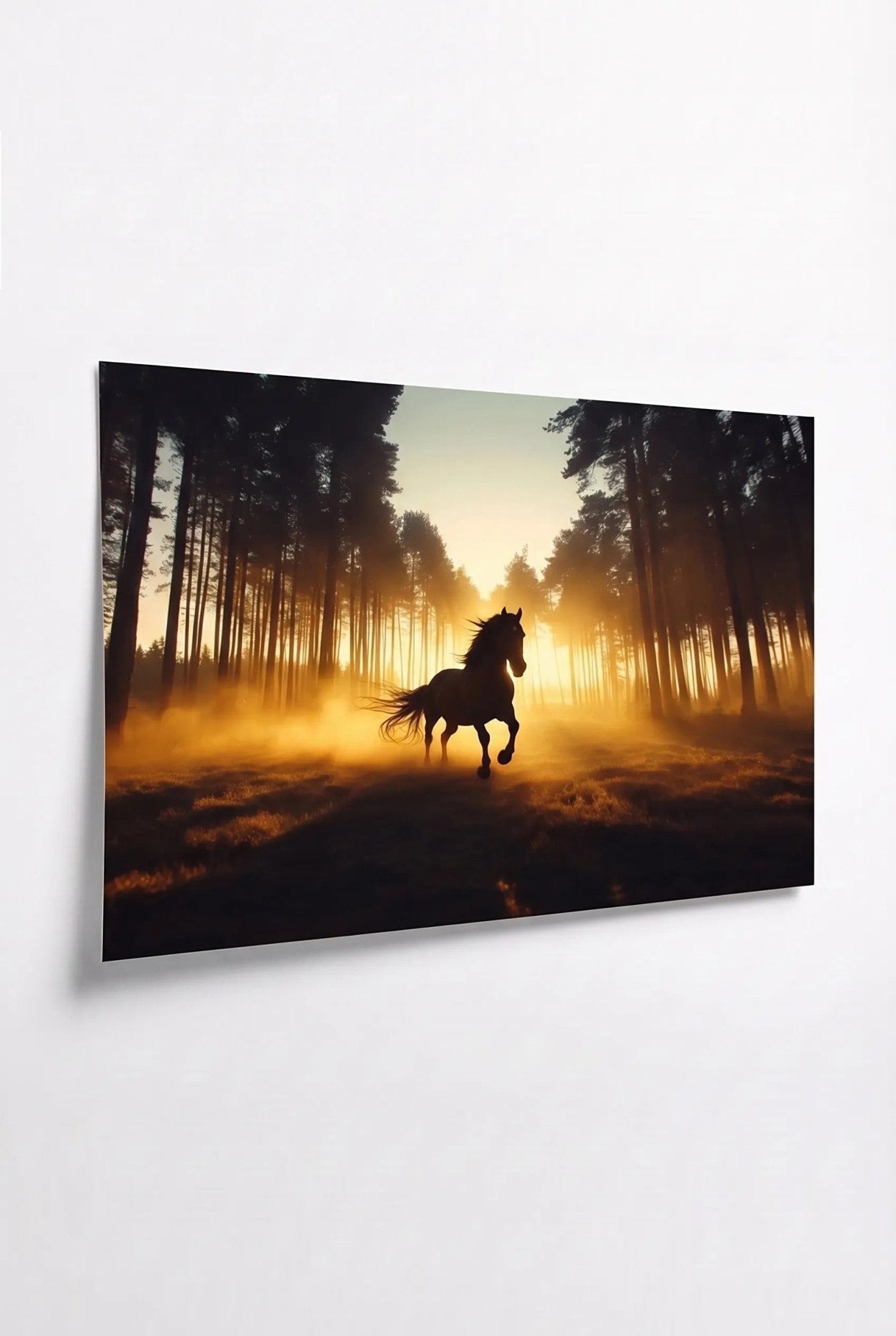 Friesenpferd Silhouette im goldenen Morgennebel - Dein Wandbild