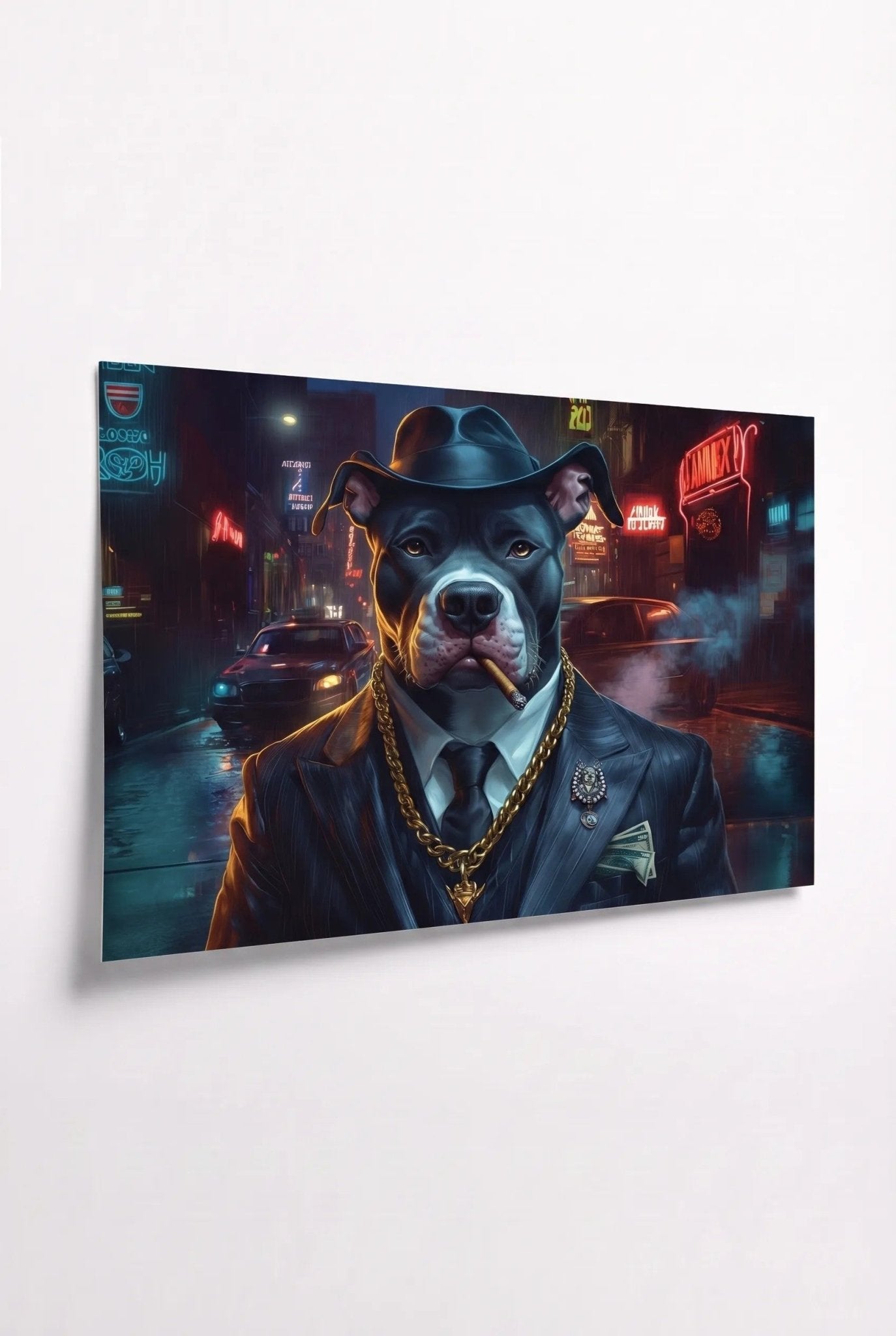 G Dog – Blauer Anzug mit Zigarre in Neonstadt - Dein Wandbild