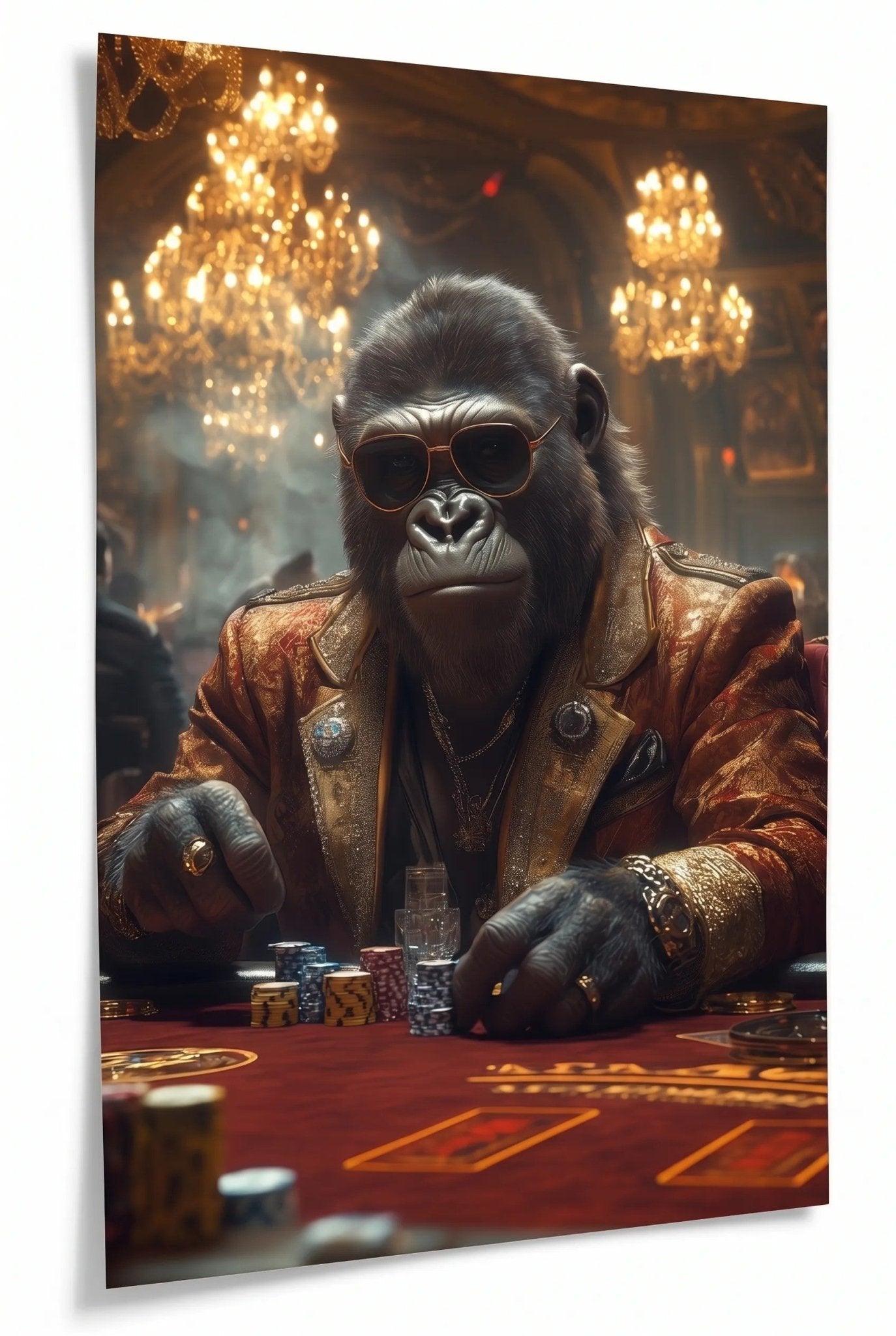 G Gorilla – Rot-goldene Jacke am Casino-Tisch - Dein Wandbild