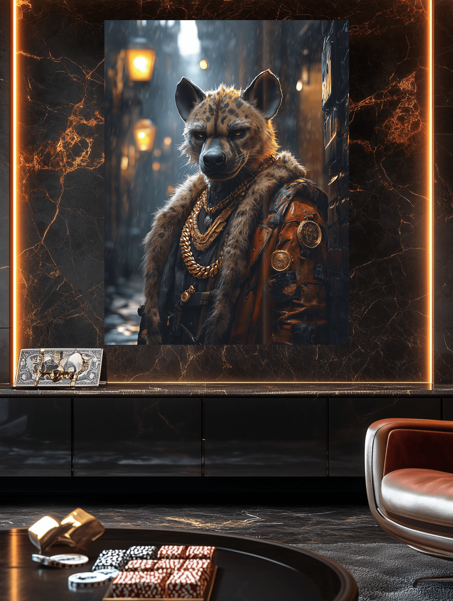 G Hyena – Urbaner Machtblick im Gold & Street - Luxus Look - Dein Wandbild
