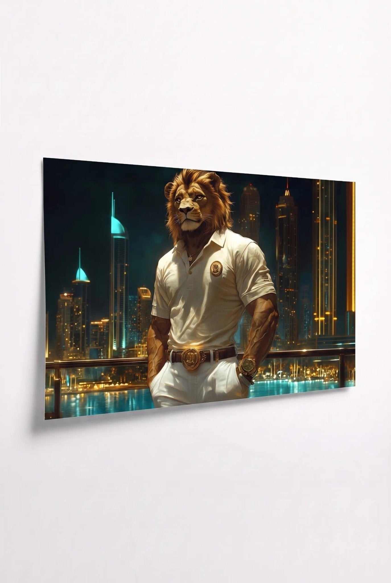 G Lion – Weißes Poloshirt vor Dubai-Skyline - Dein Wandbild