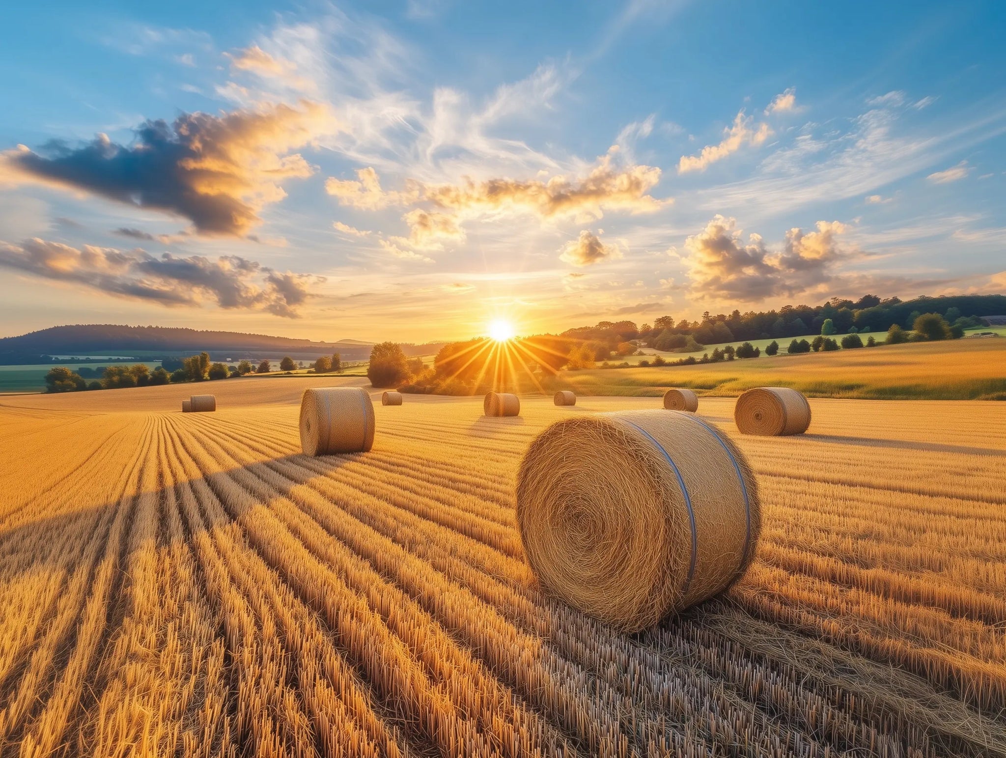 Goldene Ernte – Heuballen in der Abendsonne - Dein Wandbild