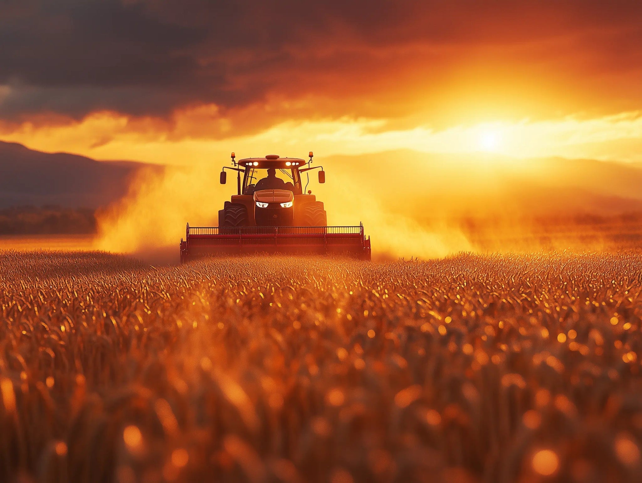 Goldene Ernte – Traktor & Mähdrescher im Staub der Abendsonne - Dein Wandbild