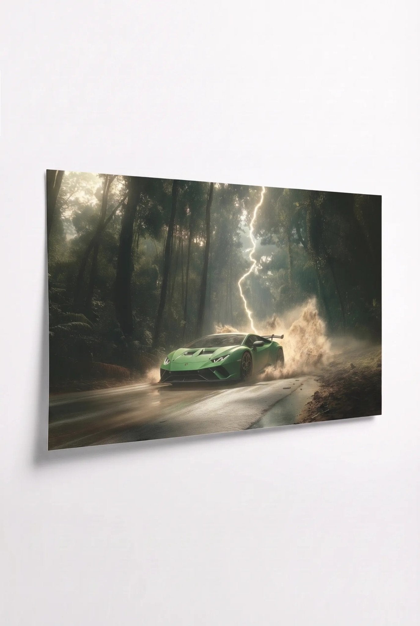 Grüner Lamborghini Huracán im Sturm – Waldstraße - Dein Wandbild