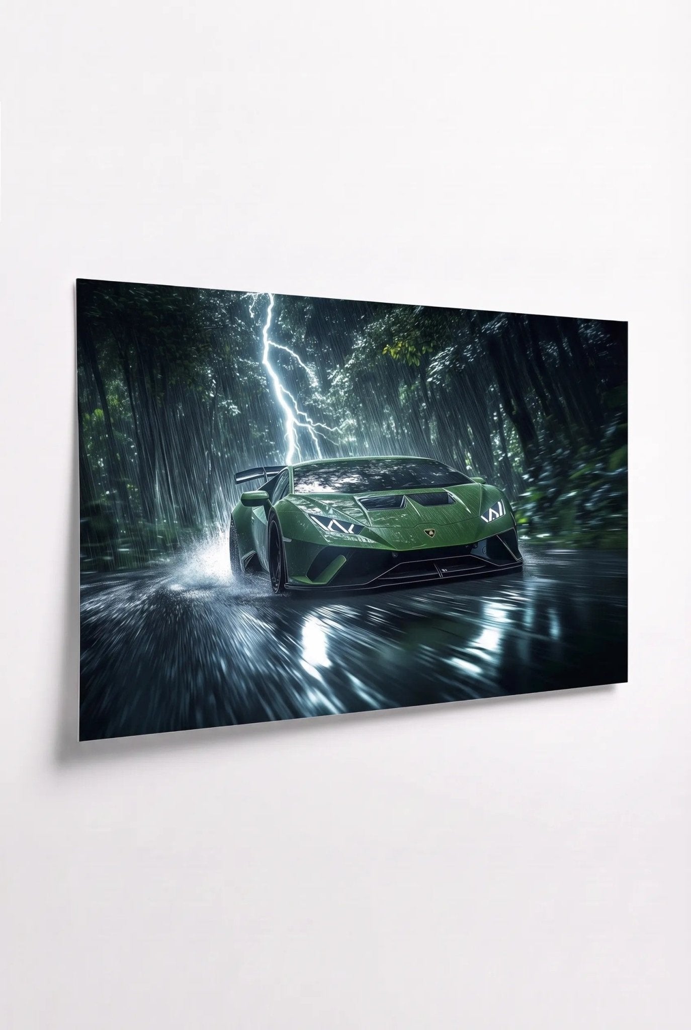 Grüner Lamborghini Huracán im Wald bei Blitz - Dein Wandbild