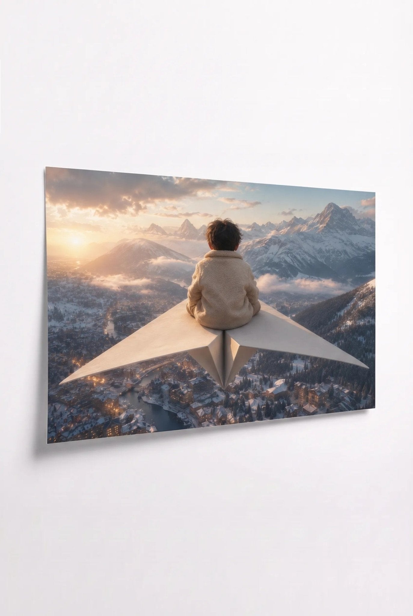 Kind auf Papierflieger über Alpendorf Schnee Wandbild - Dein Wandbild