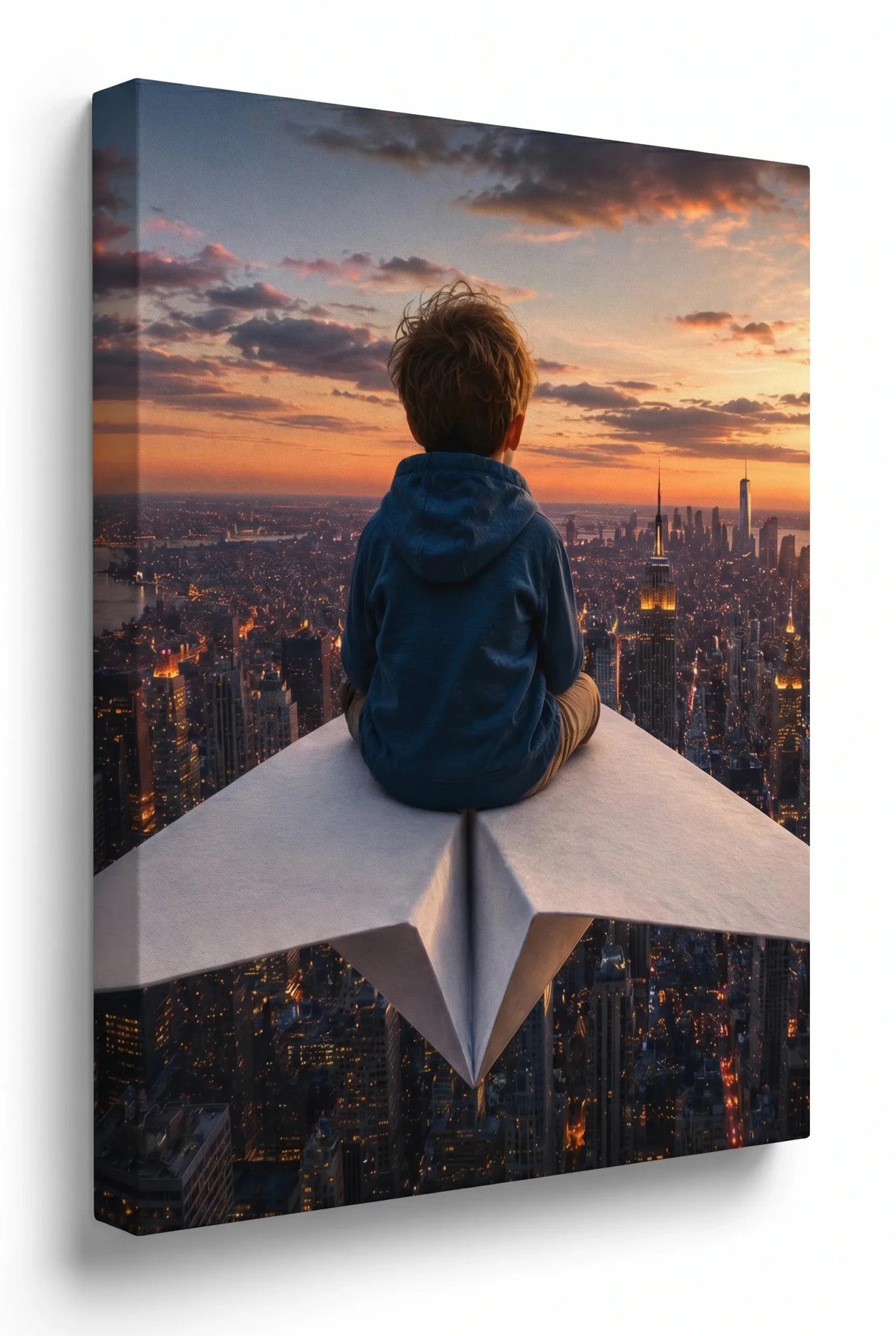 Kind auf Papierflieger über New York Skyline Wandbild - Dein Wandbild