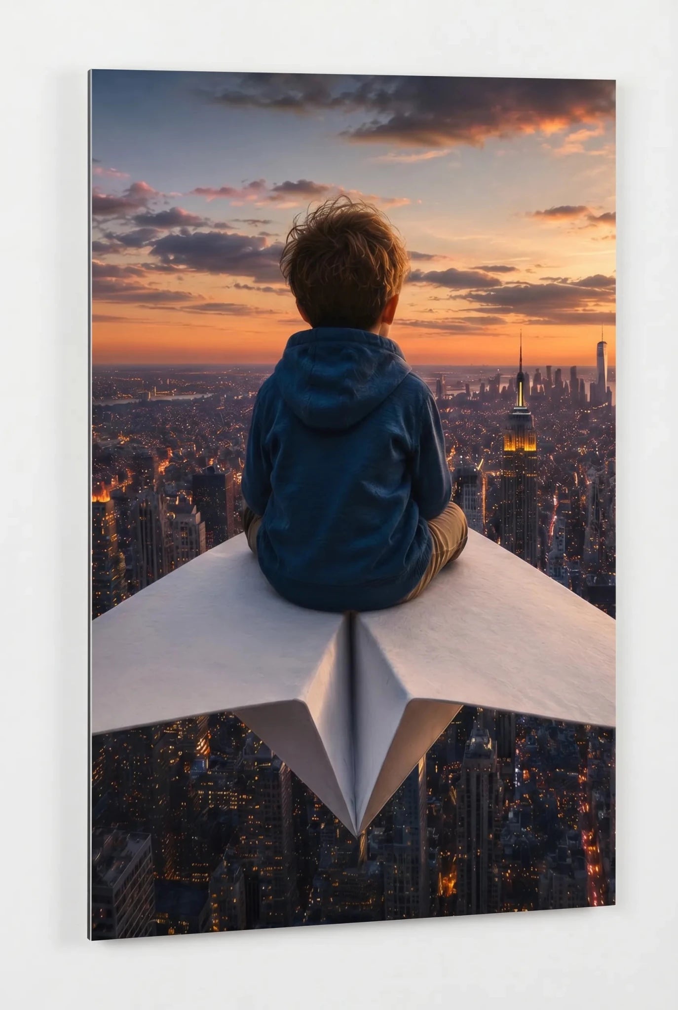 Kind auf Papierflieger über New York Skyline Wandbild - Dein Wandbild