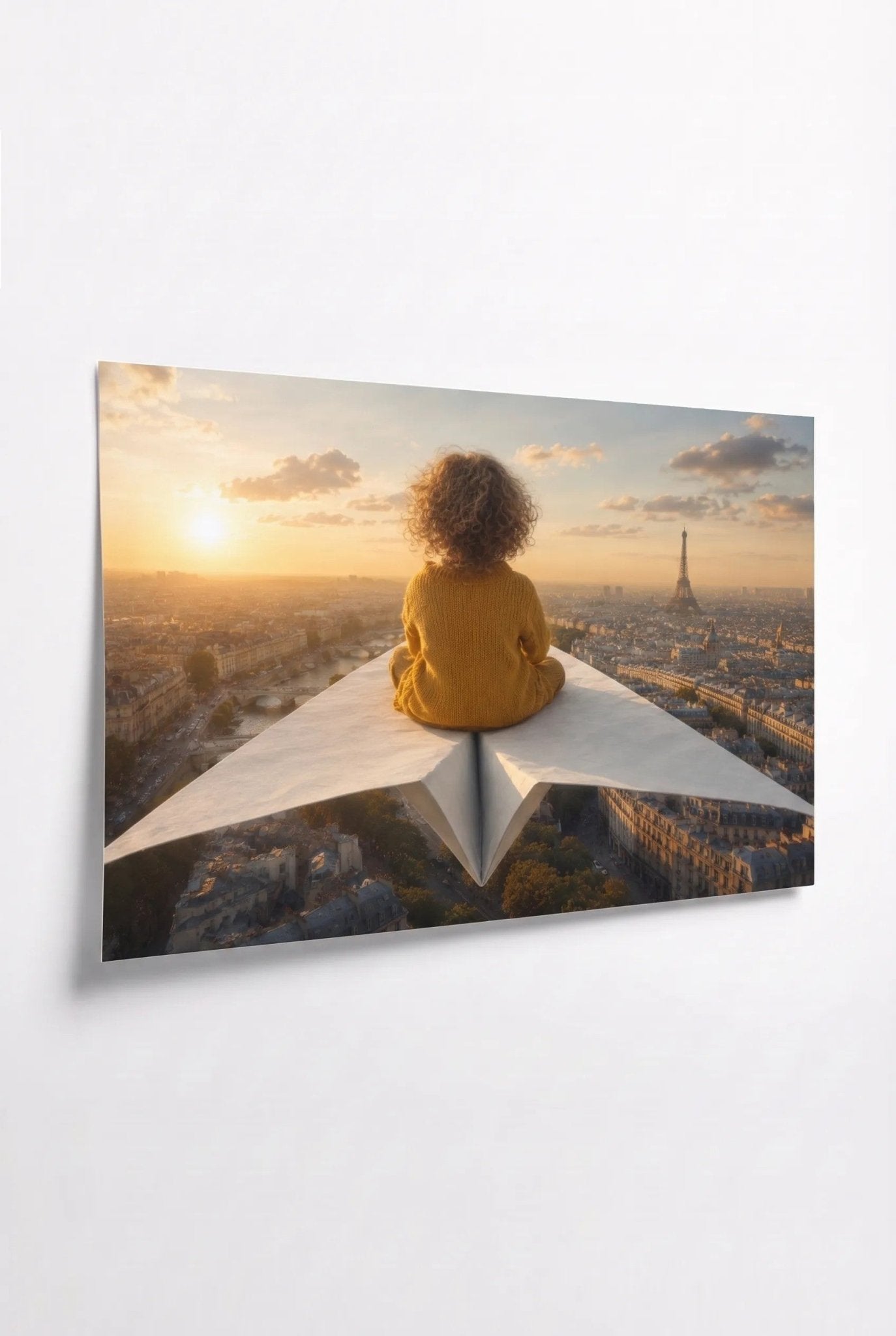 Kind auf Papierflieger über Paris Sonnenuntergang Wandbild - Dein Wandbild