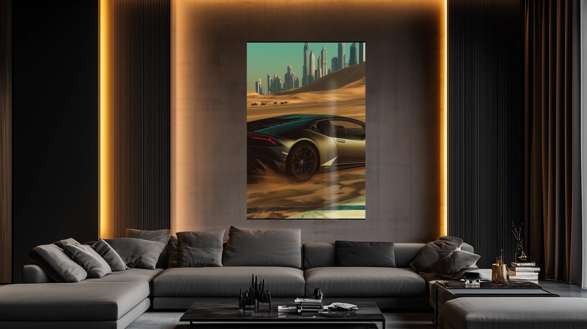 Lamborghini Huracán – Wüstendrift vor Skyline | Dein Wandbild - Dein Wandbild