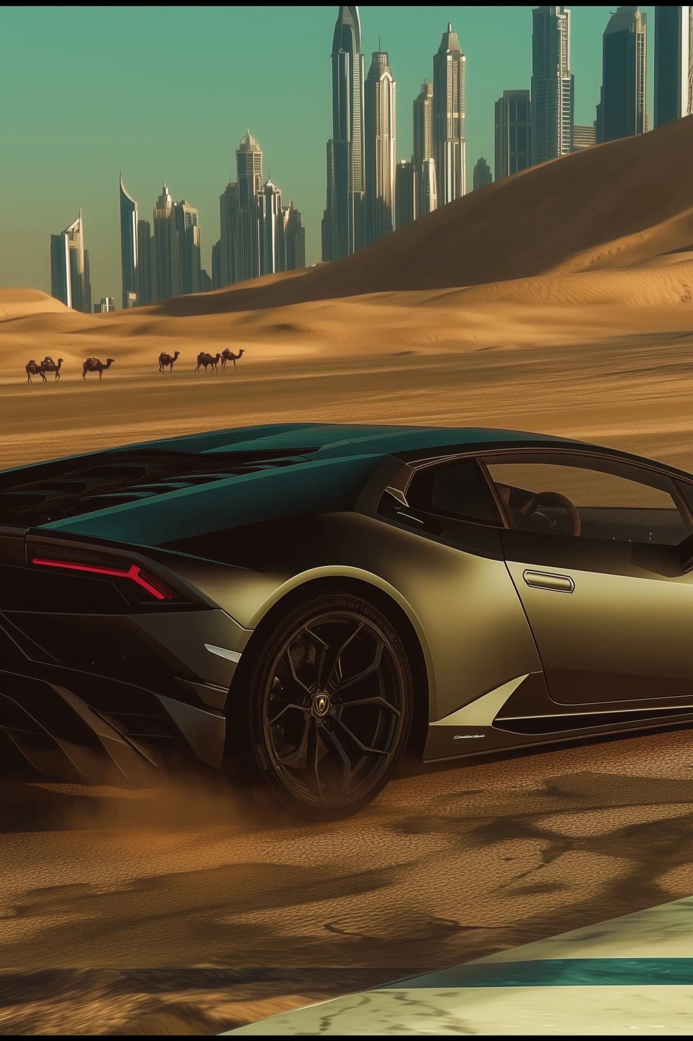Lamborghini Huracán – Wüstendrift vor Skyline | Dein Wandbild - Dein Wandbild