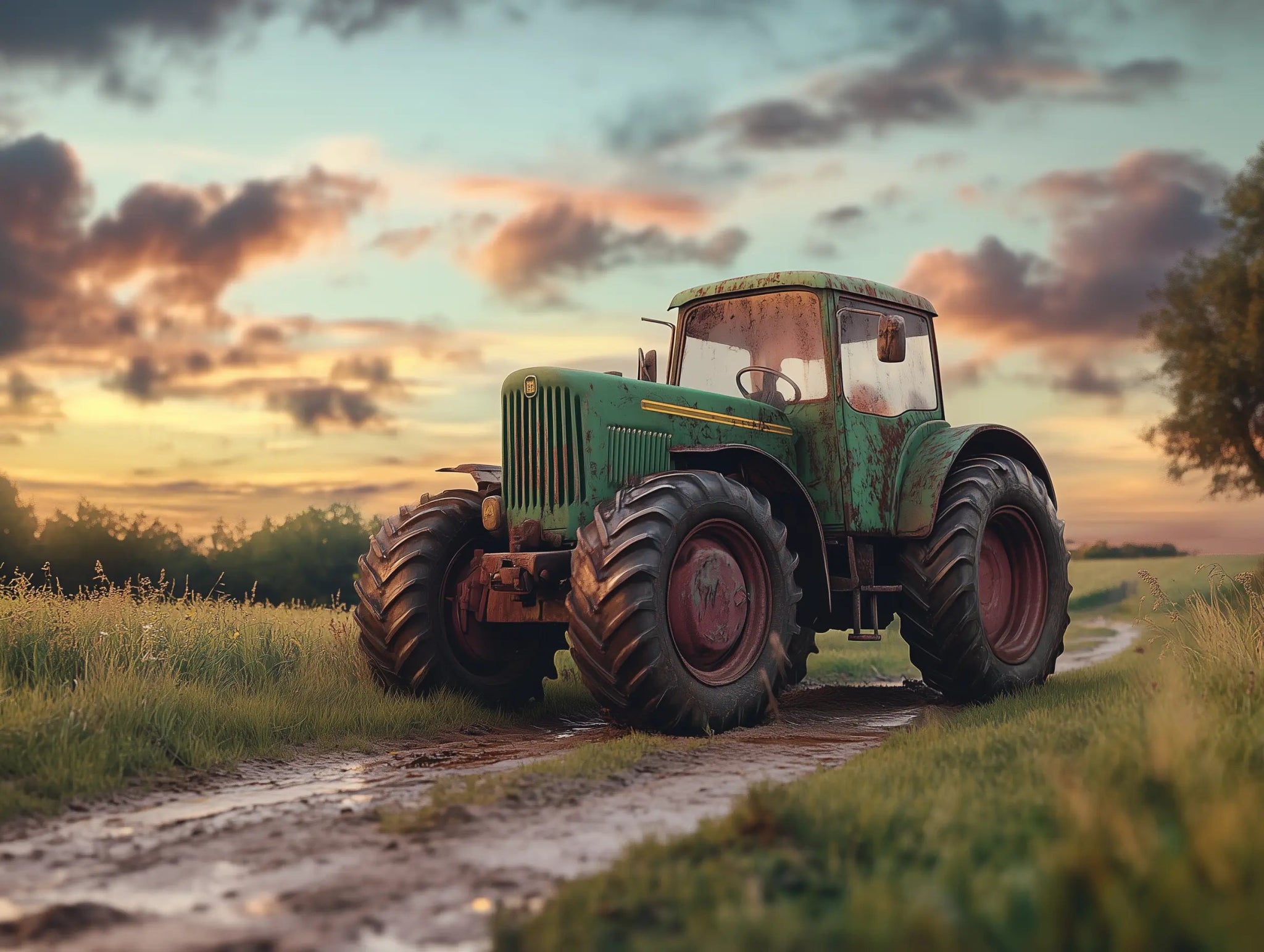 Legende auf Rädern – Alter Traktor im Abendlicht - Dein Wandbild