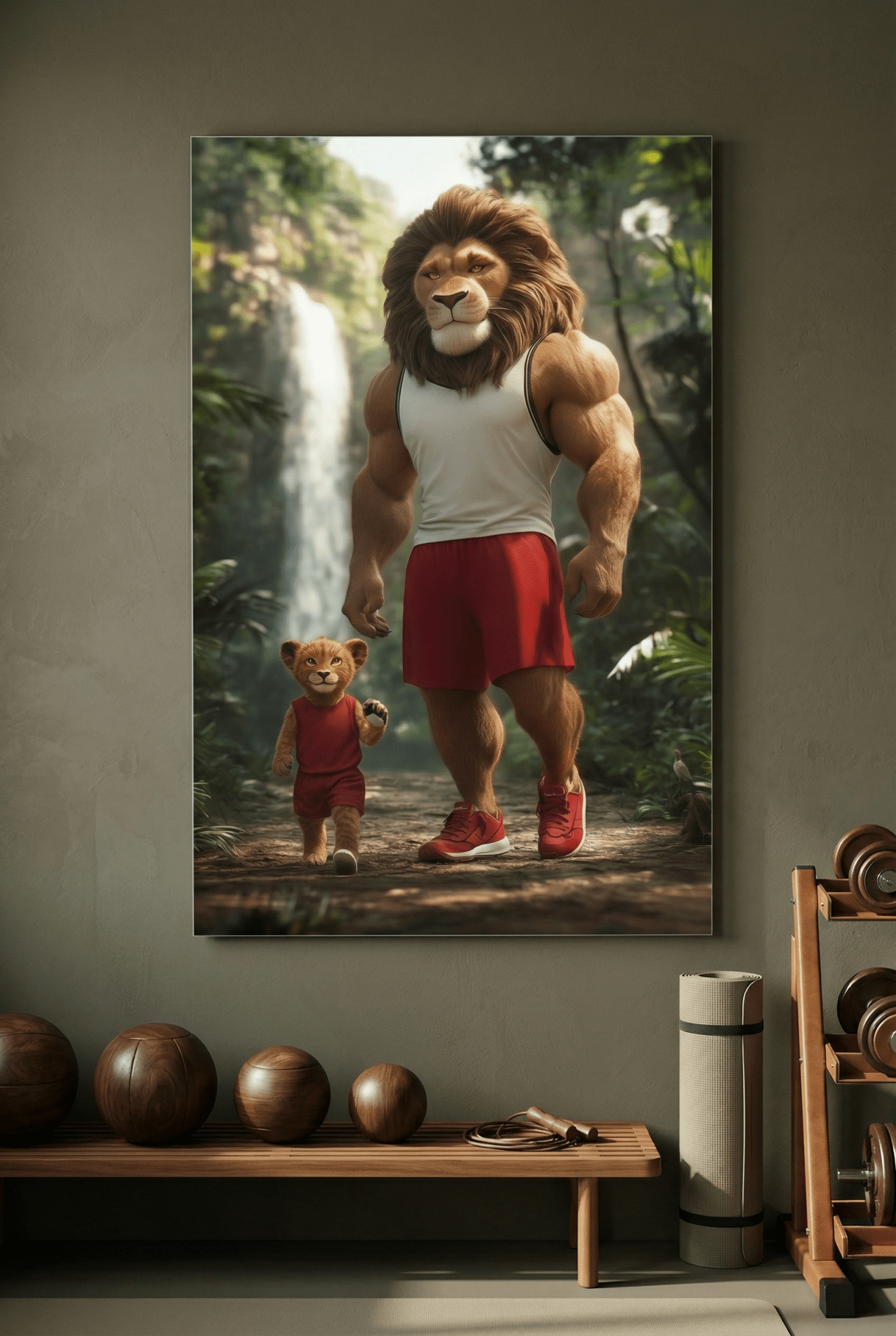 Löwenvater & Sohn im Dschungel – 3D Cartoon - Dein Wandbild